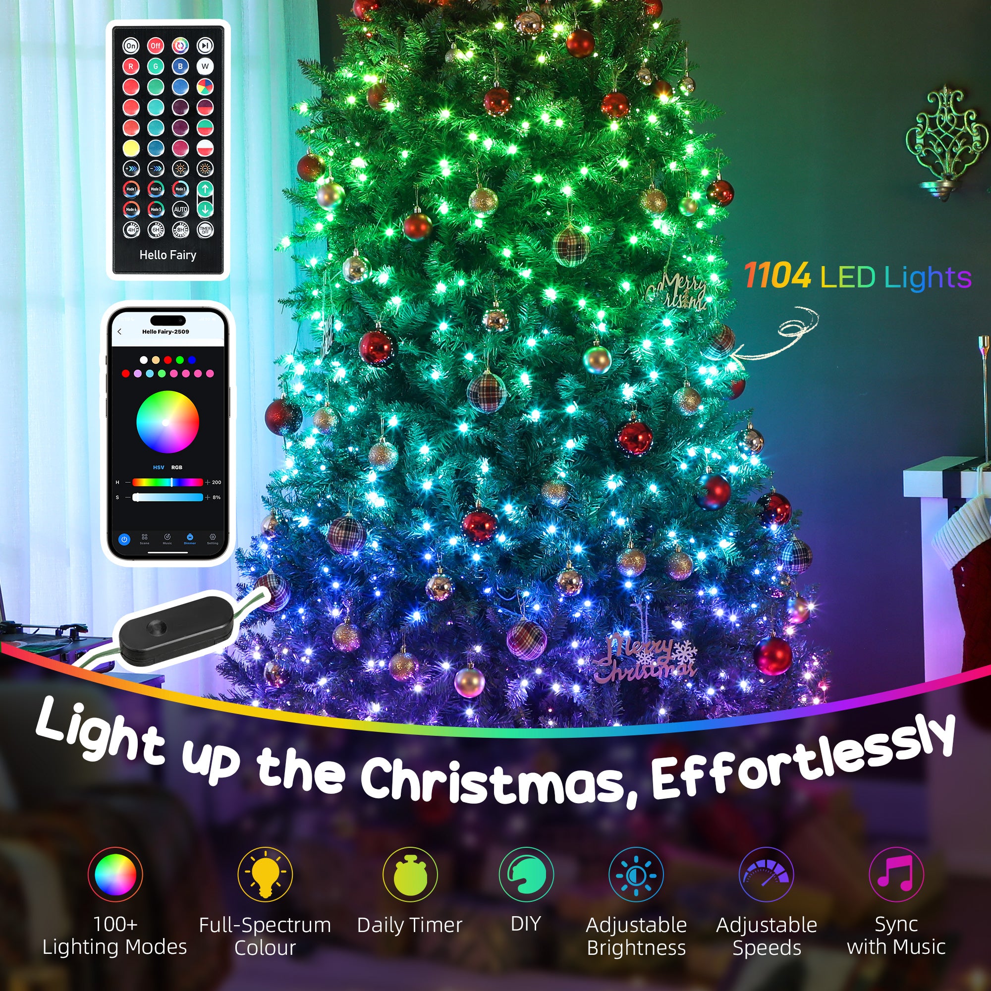 9ft Smart Prelit Christmas Tree with Full-Spectrum RGB Dimmable LEDs, App and Remote Control, Wide Full Hinged Xmas Tree, Easy Assembly, Artificial Holiday Decoration, Green