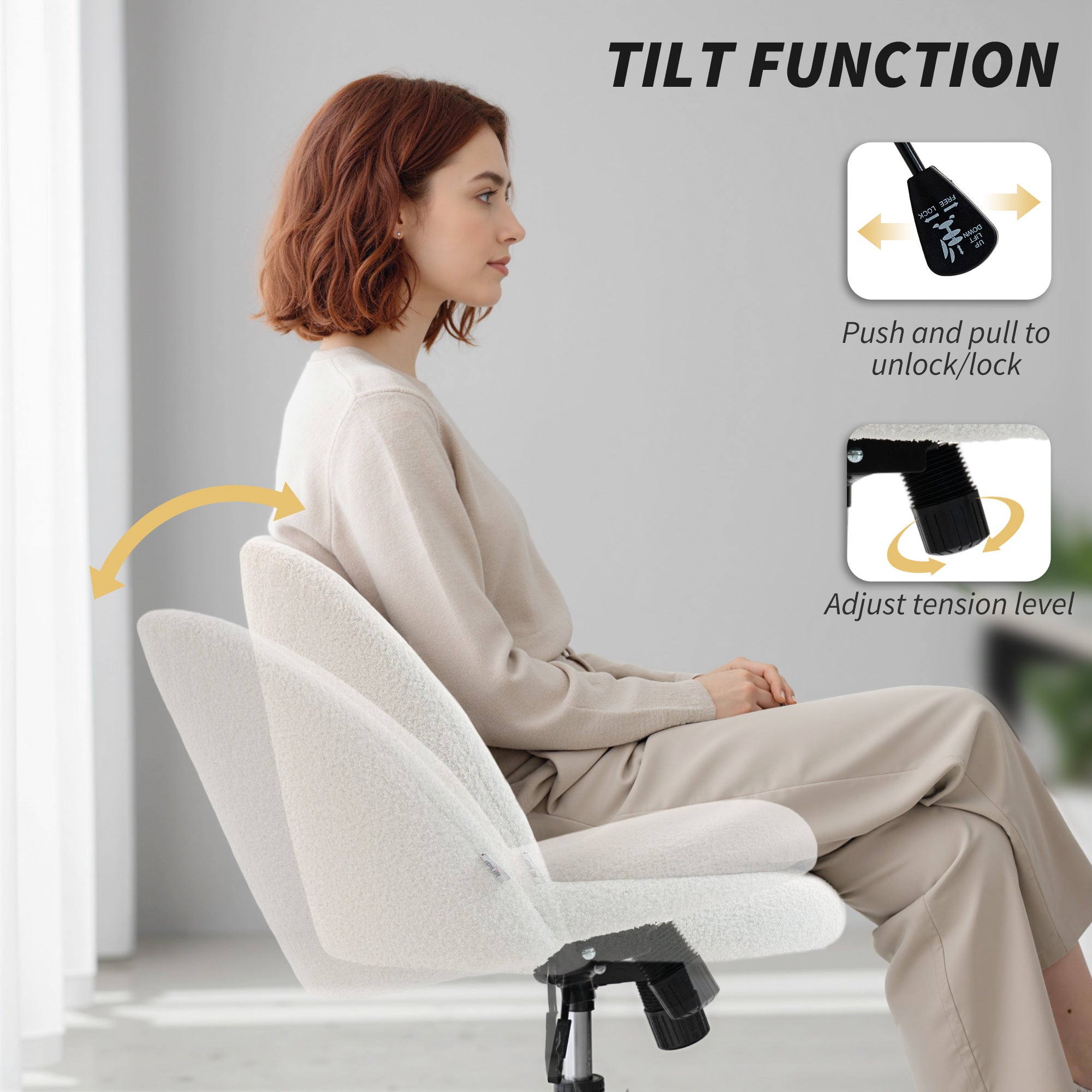 Computer Desk Chair, Teddy Fleece Swivel Office Chair with Height Adjustable, Wheels, High-Resilience Foam, Tilting Function, for Home Study Bedroom Makeup Vanity, Cream White
