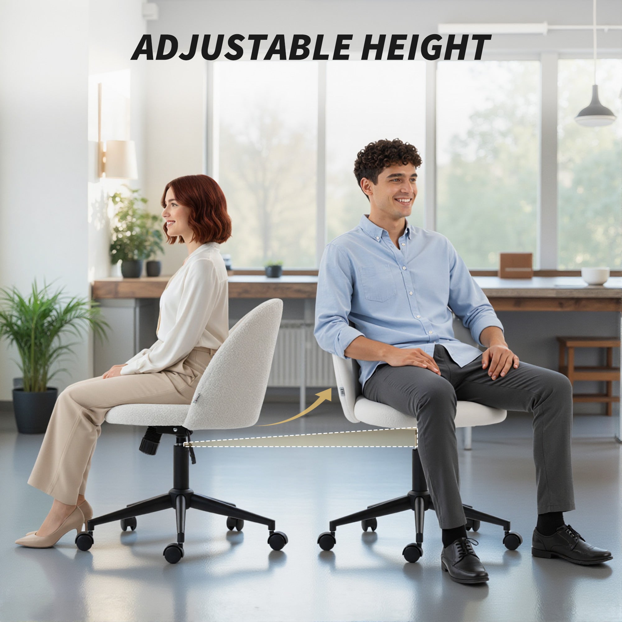 Computer Desk Chair, Teddy Fleece Swivel Office Chair with Height Adjustable, Wheels, High-Resilience Foam, Tilting Function, for Home Study Bedroom Makeup Vanity, Cream White