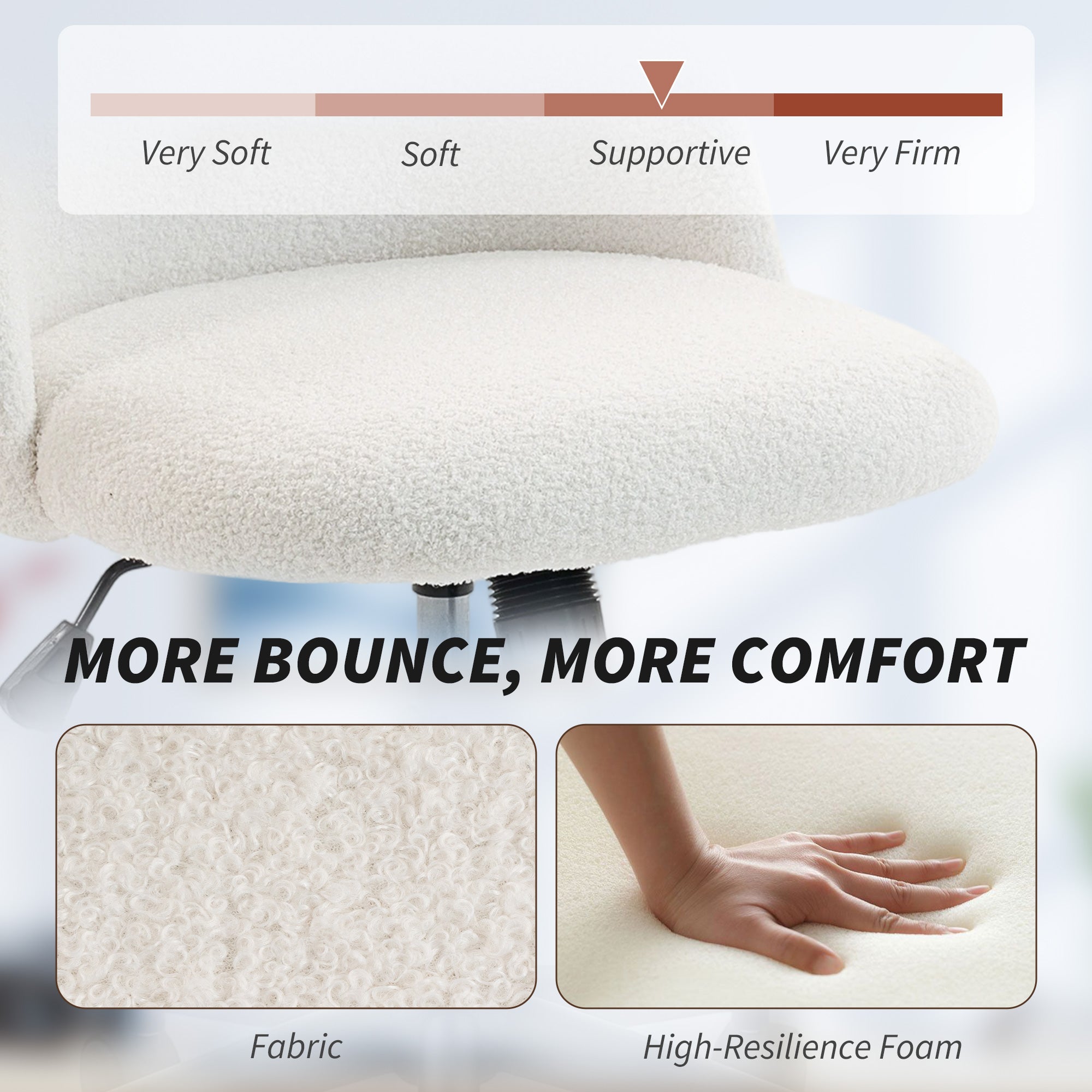 Computer Desk Chair, Teddy Fleece Swivel Office Chair with Height Adjustable, Wheels, High-Resilience Foam, Tilting Function, for Home Study Bedroom Makeup Vanity, Cream White