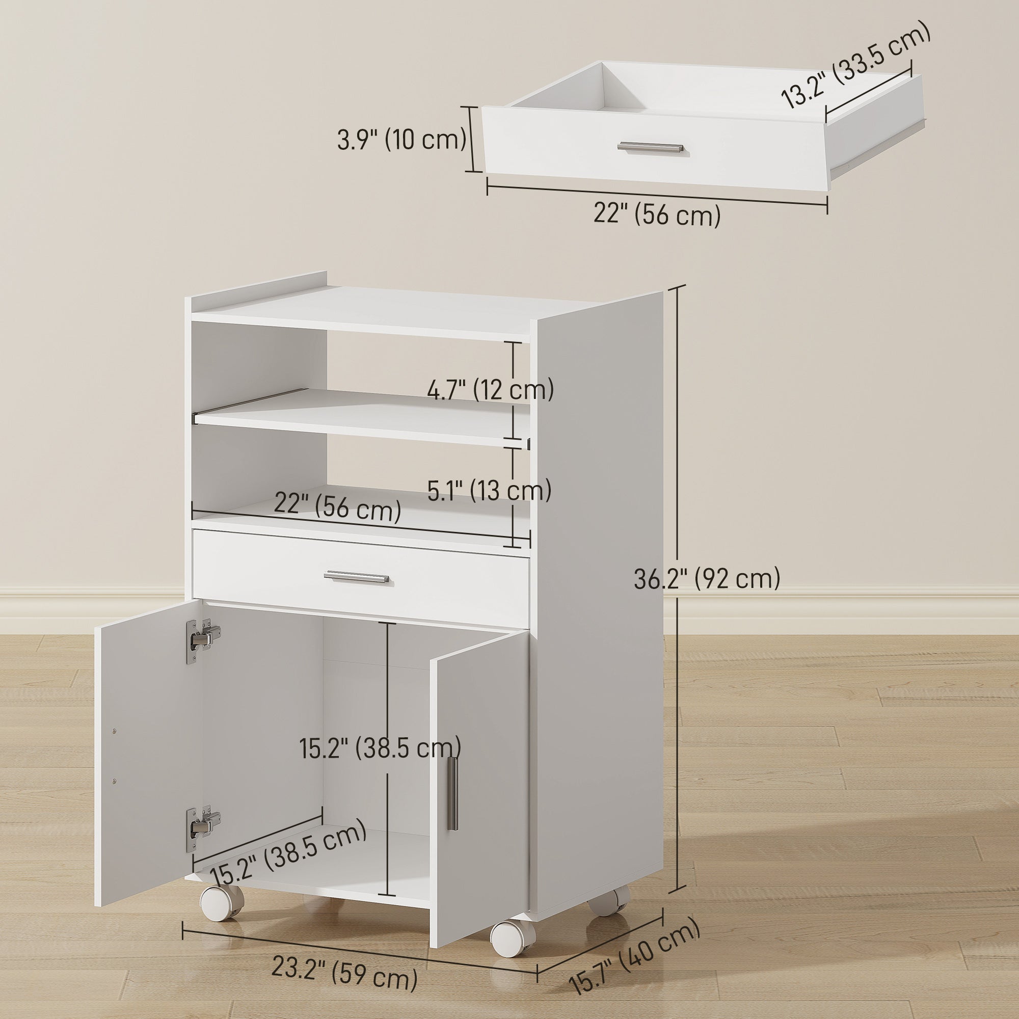 Microwave Cart with Wheels, Microwave Stand with Worktop, Open Shelves and Drawer, Storage Cabinet, White