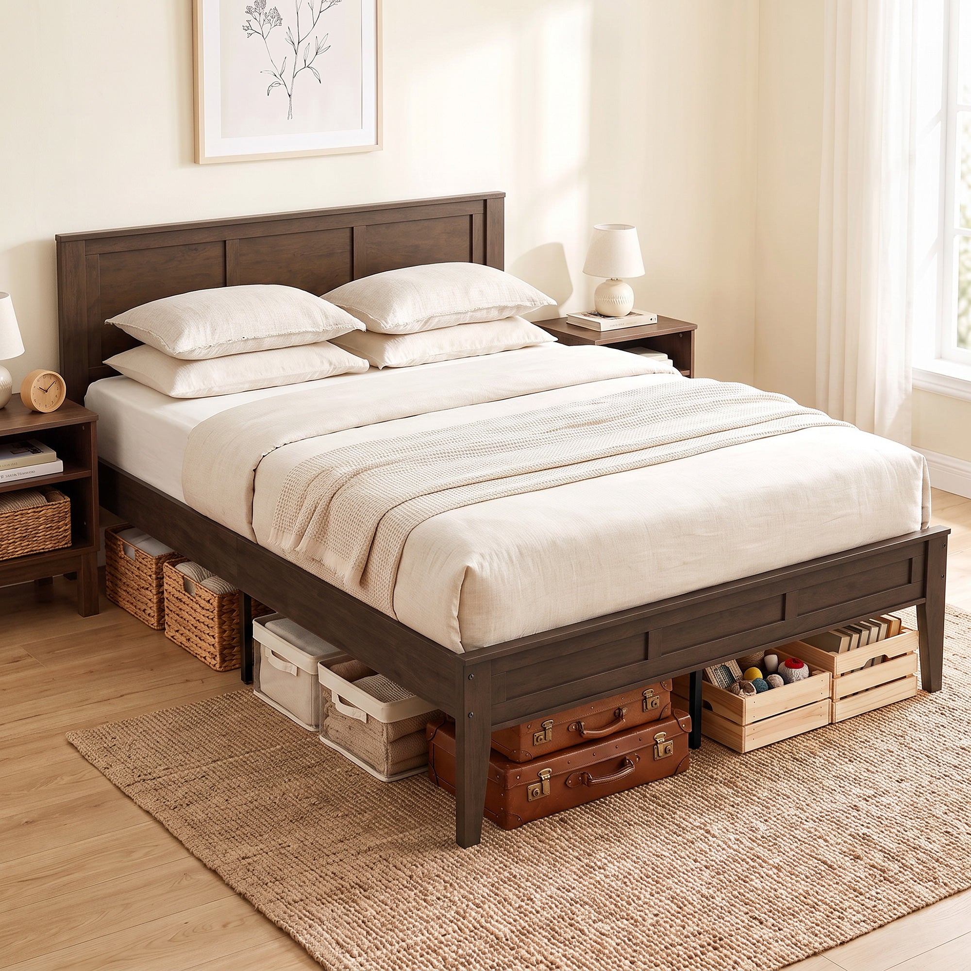 Queen Size Wood Platform Bed Frame with Headboard and Footboard, Mid-Century Bed Frame with Slat Support, Mattress Foundation with Under-Bed Storage, No Box Spring Needed, Easy Assembly, Walnut