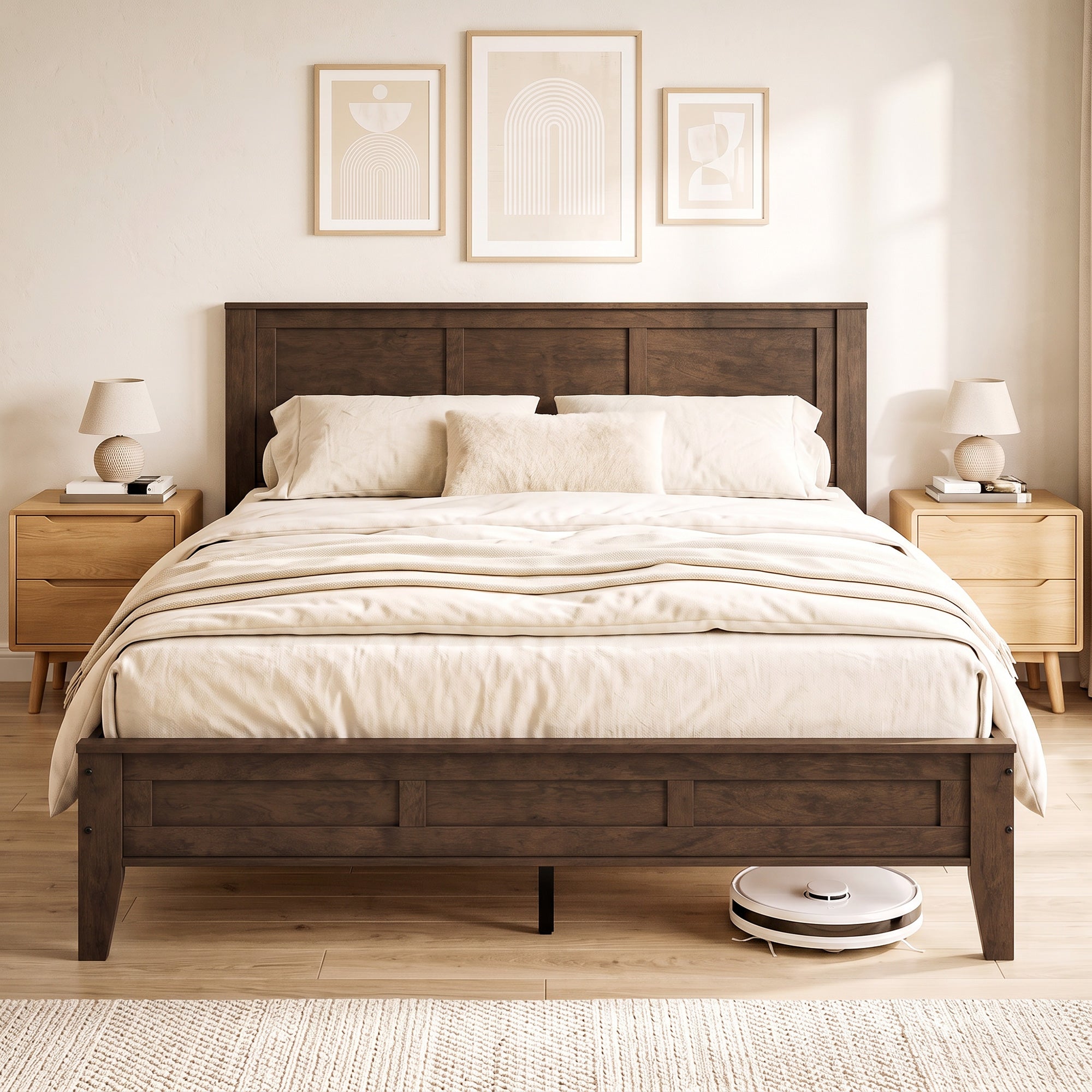 Queen Size Wood Platform Bed Frame with Headboard and Footboard, Mid-Century Bed Frame with Slat Support, Mattress Foundation with Under-Bed Storage, No Box Spring Needed, Easy Assembly, Walnut