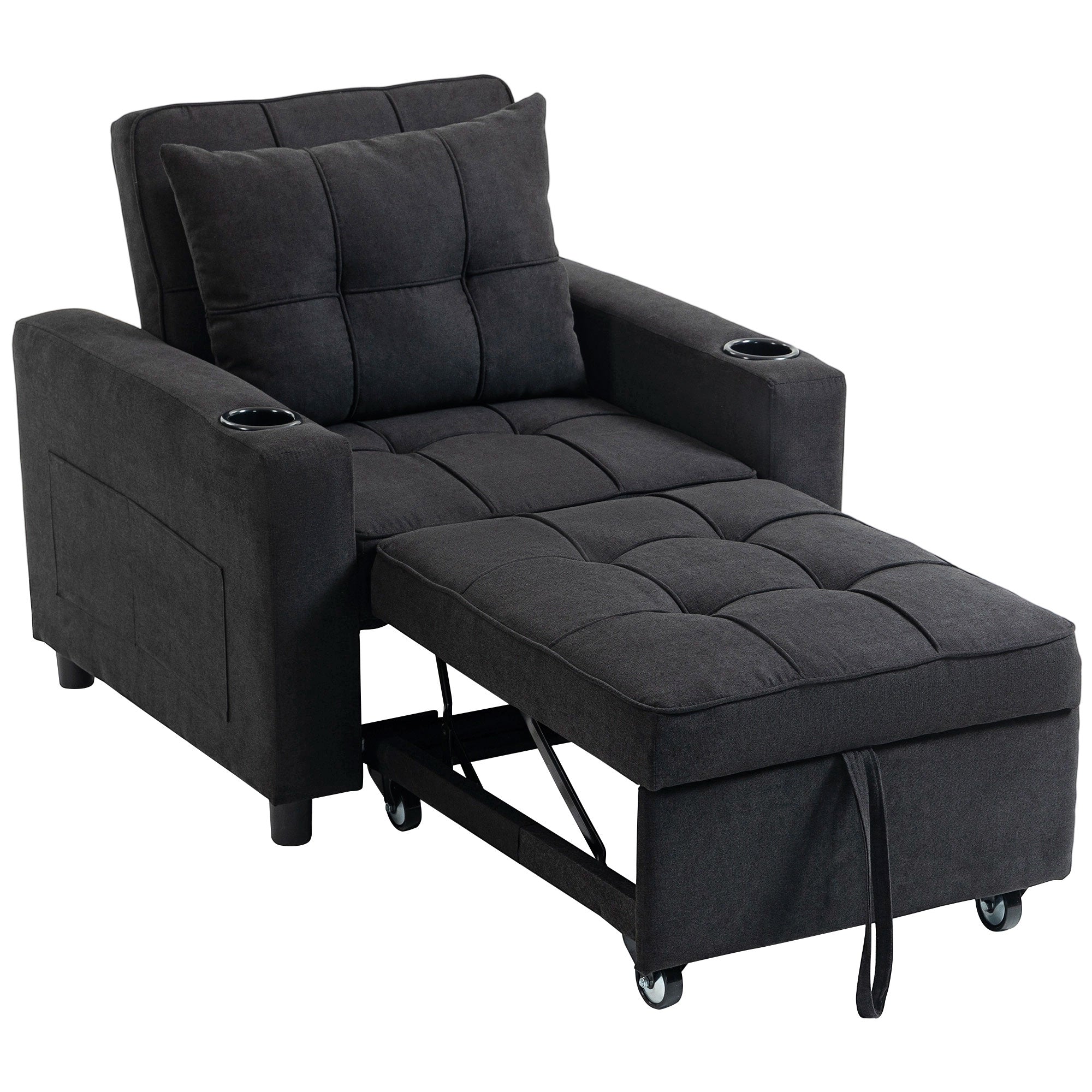 3-in-1 Single Sofa Bed, Convertible Sleeper Chair Bed with Adjustable Backrest, Fabric Pull Out Chair with Pillow, Side Pockets and Cup Holders for Living Room, Bedroom, Small Space, Black
