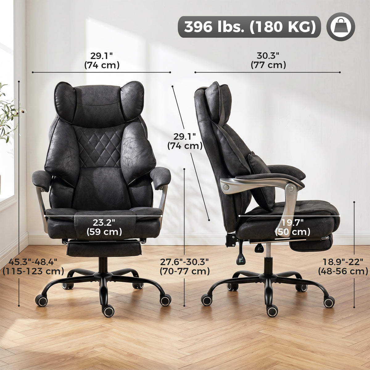 Executive Office Chair with Footrest, 400lb Big and Tall Leathaire Desk Chair with Wide Seat, Reclining Back, Lumbar Support, Built-in Headrest, Class 4 Gas Lift, Black