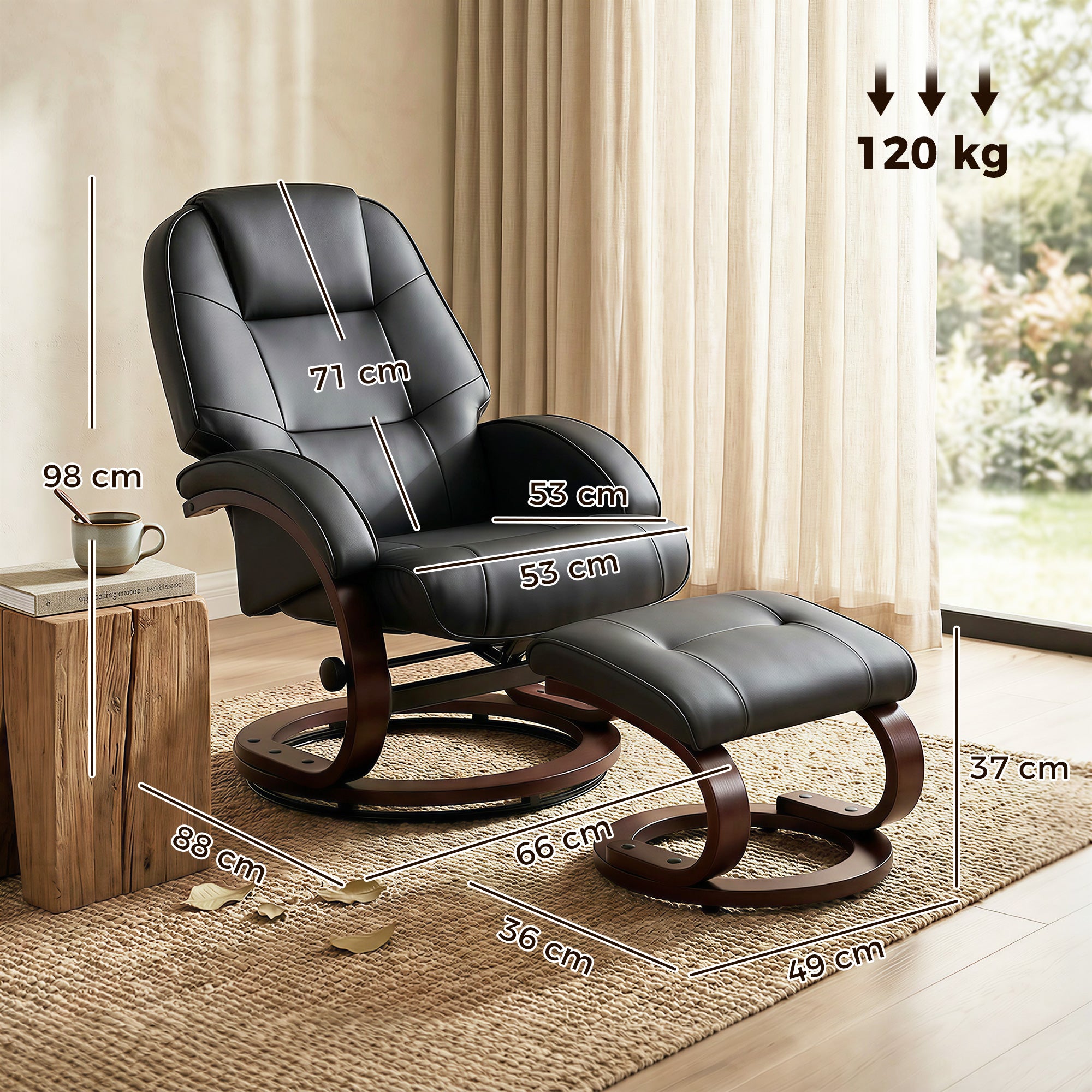 Swivel Recliner Chair with Footstool, PU Leather Recliner Armchair with High Back and Wood Frame, Reclining Chair Lounge with Padded Armrests for Living Room, Black