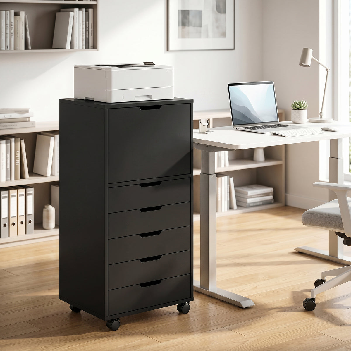 5 Drawer Vertical File Cabinet with Lockable Wheels and Soft-Close Cabinet, Mobile Filing Cabinet for Home Office, Rolling Printer Stand for A4 Letter-Size Documents, Black