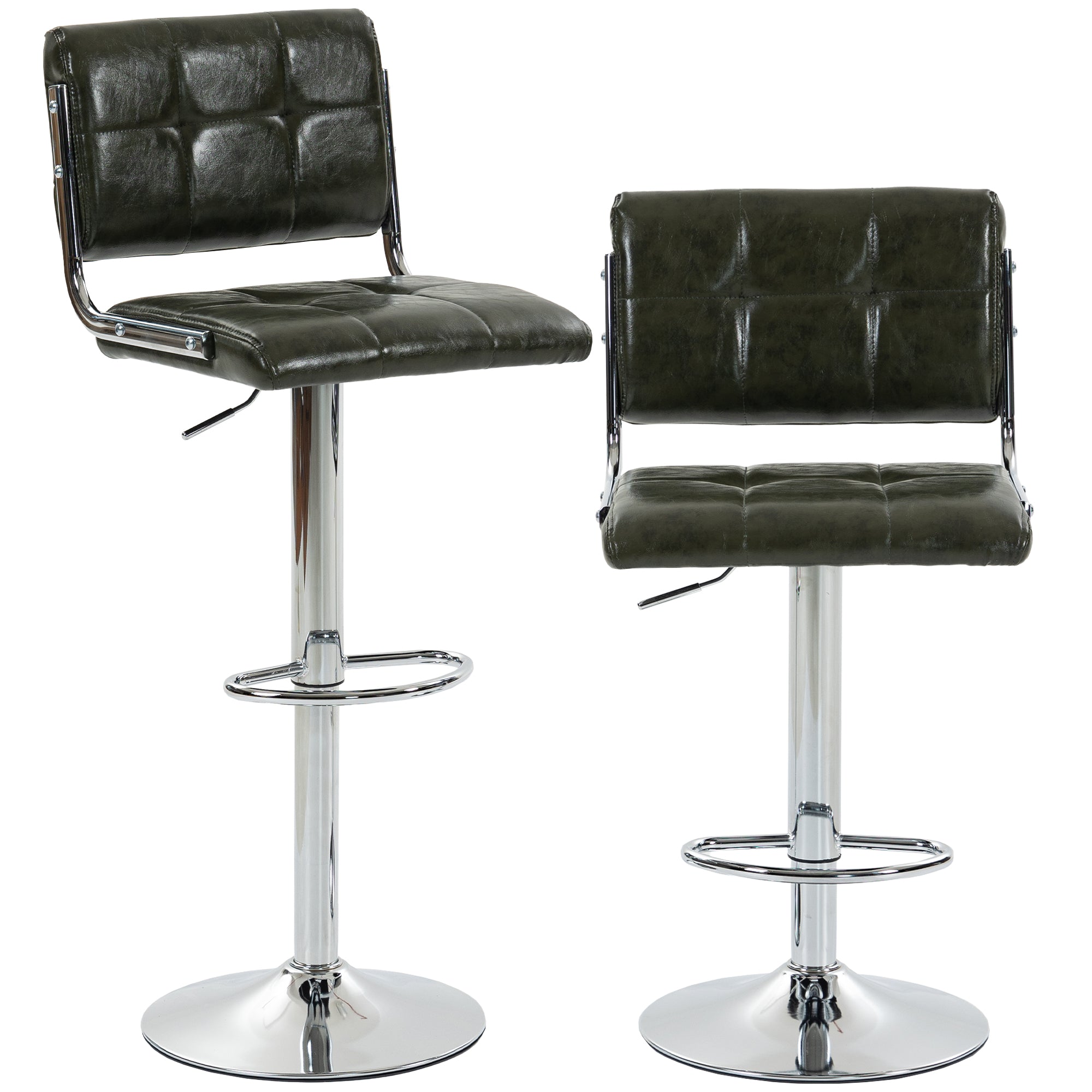 Breakfast Bar Stools Set of 2, Modern PU Leather Swivel BarStools, Adjustable Counter Height Bar Chairs with Backrest and Footrest for Kitchen Island, Dining Room, Bar, Green