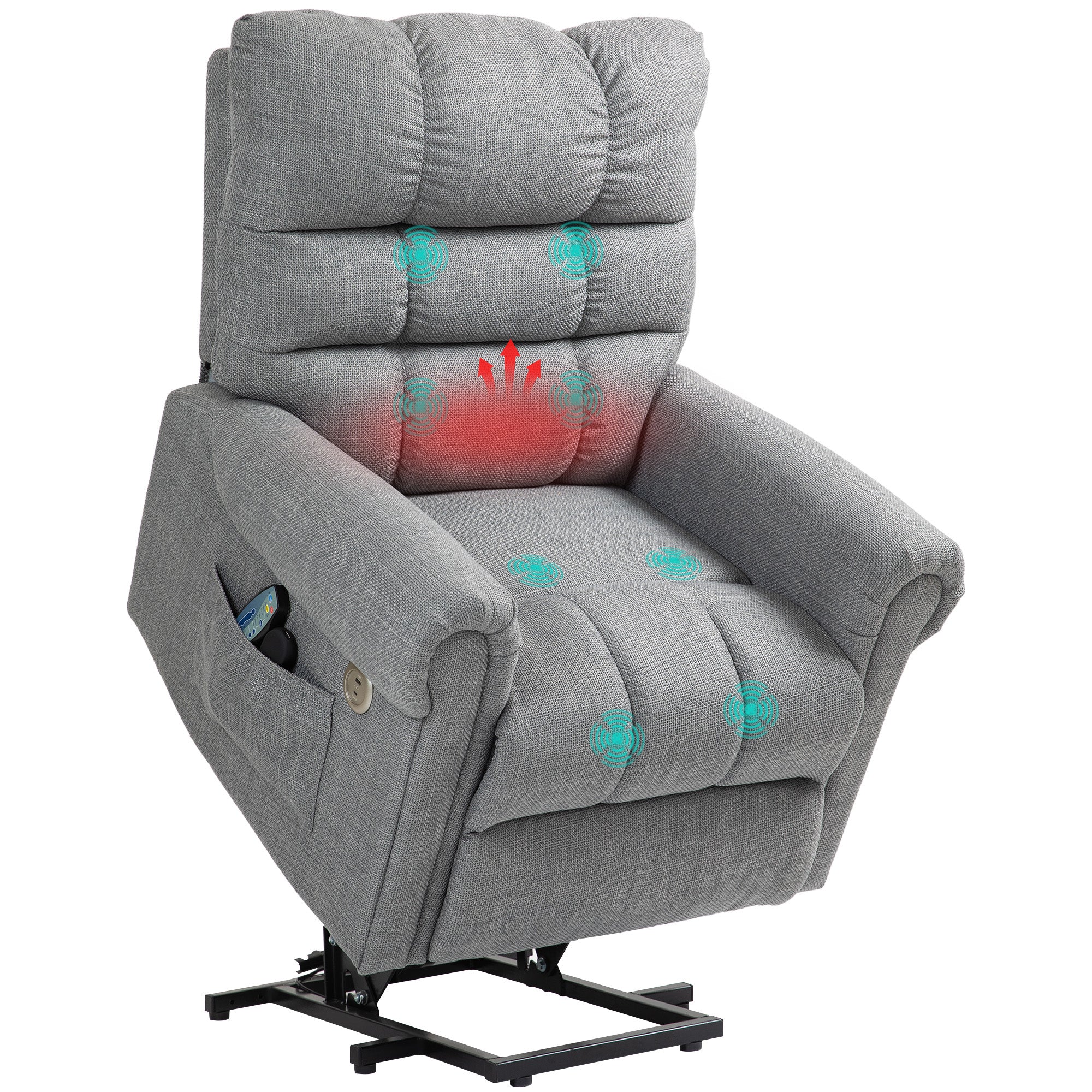HOMCOM Power Lift Chair for Elderly, Electric Recliner Armchair with Massage and Heat, Type C and USB Ports, Fabric Riser and Reclining Chair with Side Pockets, Grey