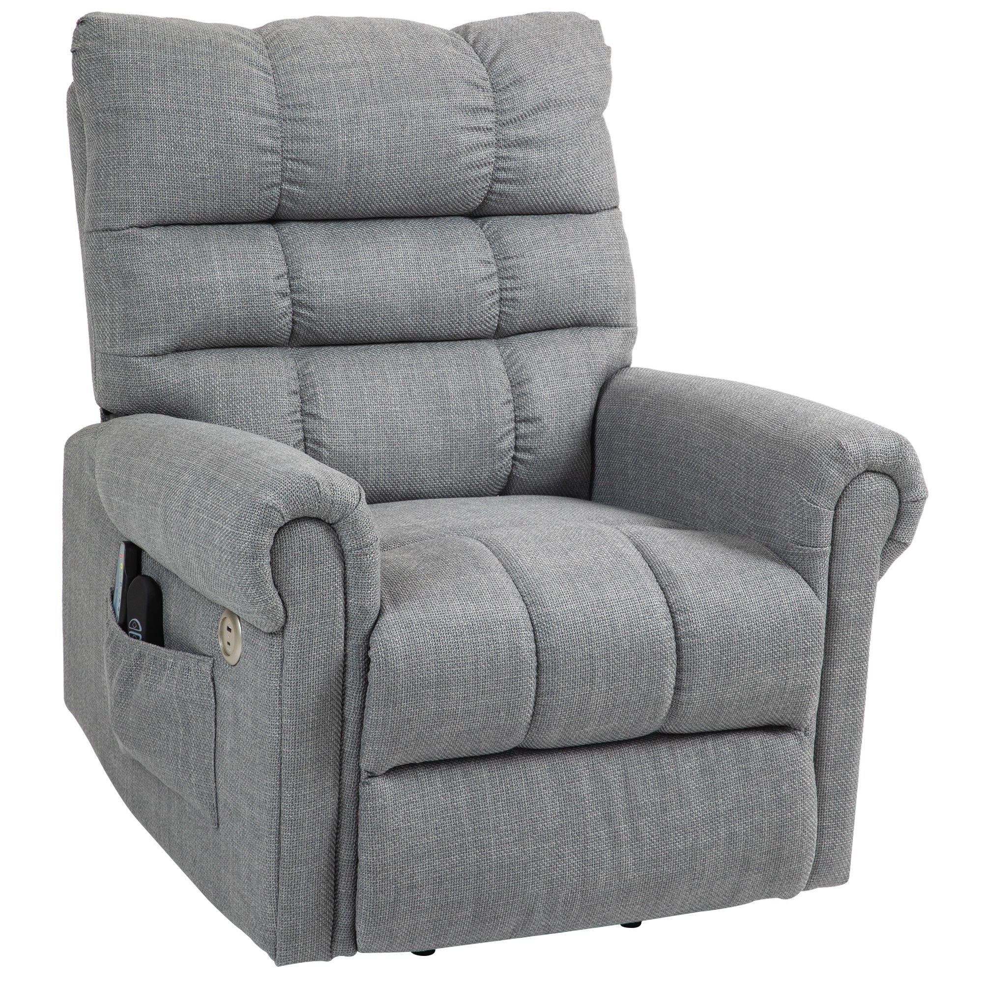 HOMCOM Power Lift Chair for Elderly, Electric Recliner Armchair with Massage and Heat, Type C and USB Ports, Fabric Riser and Reclining Chair with Side Pockets, Grey
