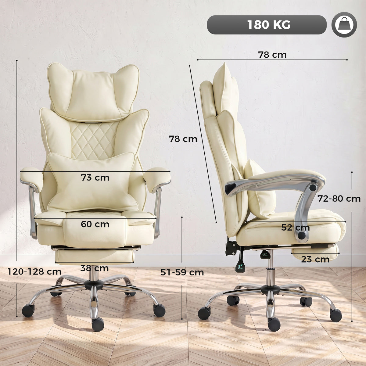 Executive Office Chair, 180kg Big and Tall PU Leather Desk Chair with Adjustable Headrest, Lumbar Support, Wide Seat, Reclining Back, Footrest, Swivel Wheels, Beige