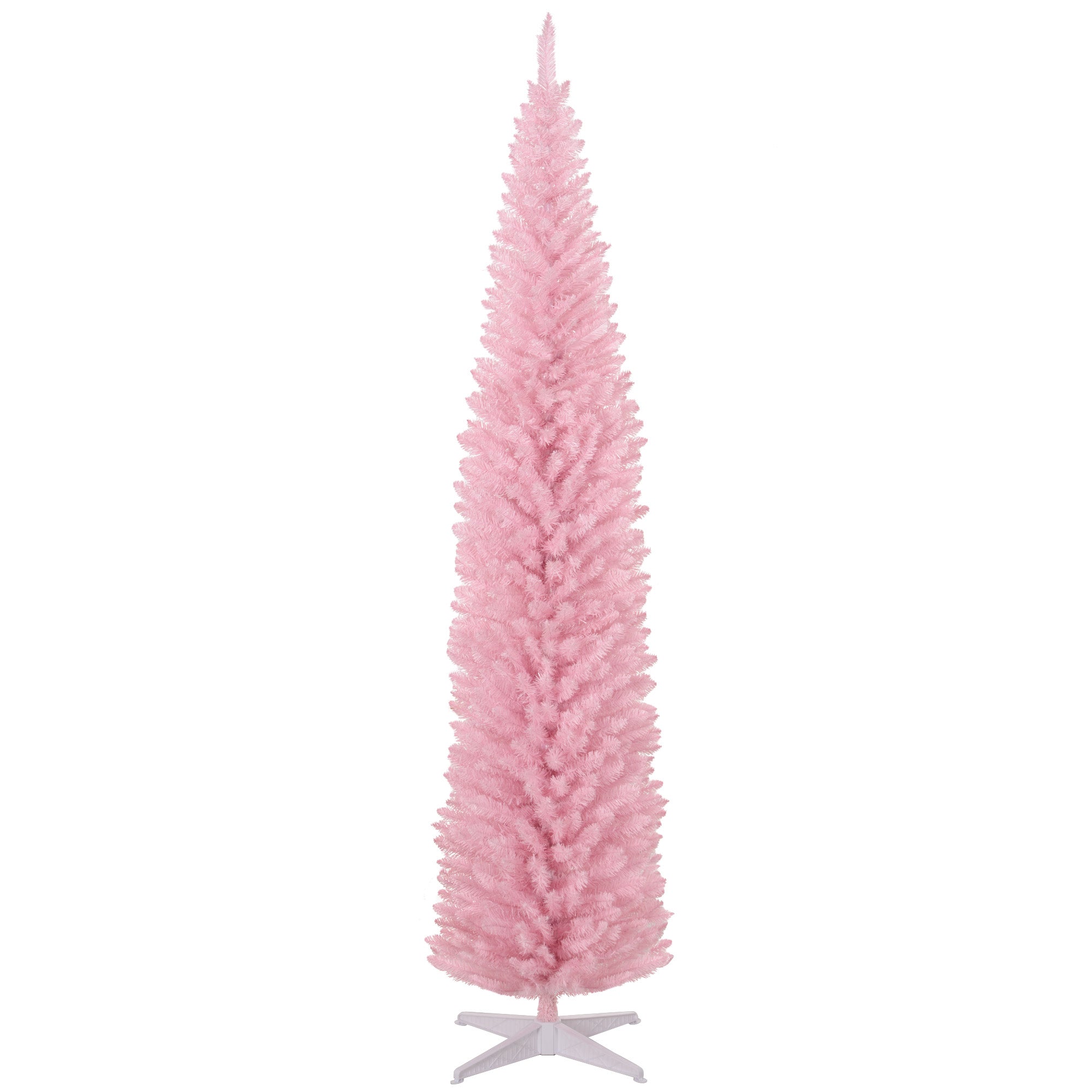 8ft Unlit Pencil Artificial Christmas Tree with Realistic Branches and 618 Tips Plastic Base Pink