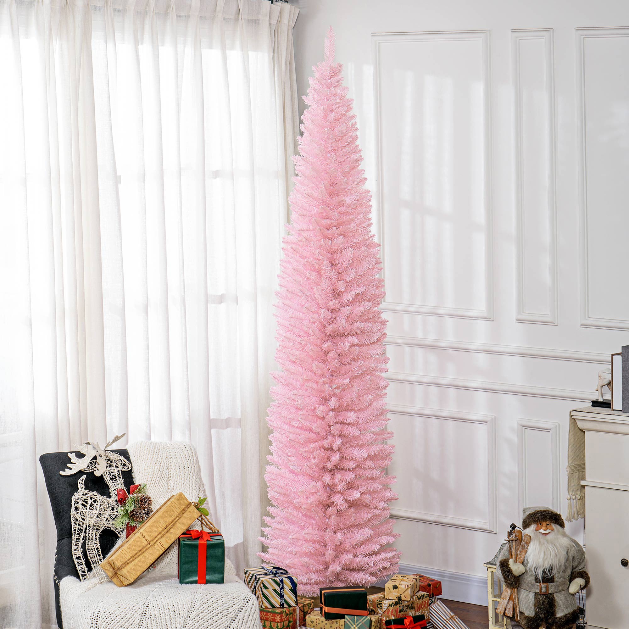 8ft Unlit Pencil Artificial Christmas Tree with Realistic Branches and 618 Tips Plastic Base Pink