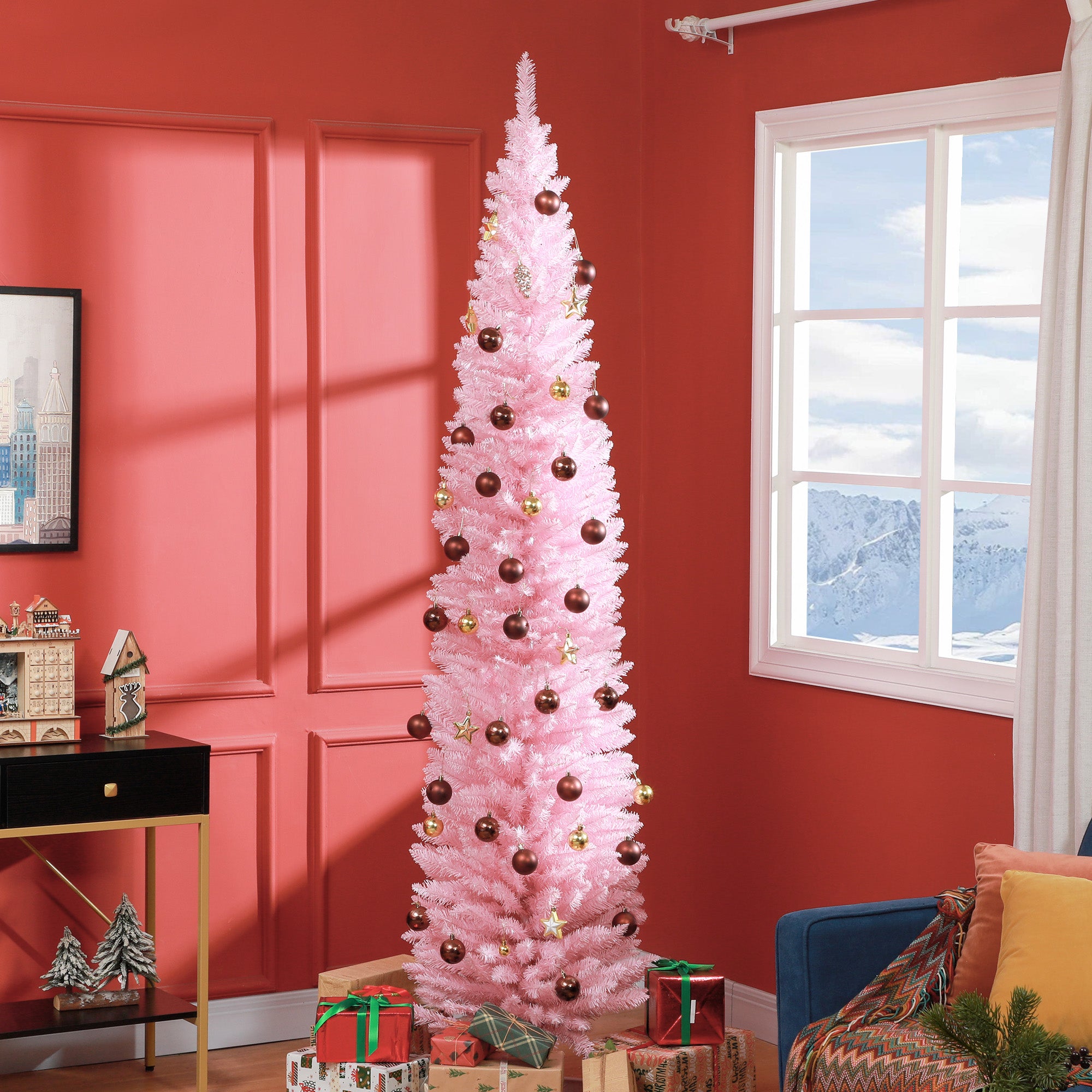 8ft Unlit Pencil Artificial Christmas Tree with Realistic Branches and 618 Tips Plastic Base Pink