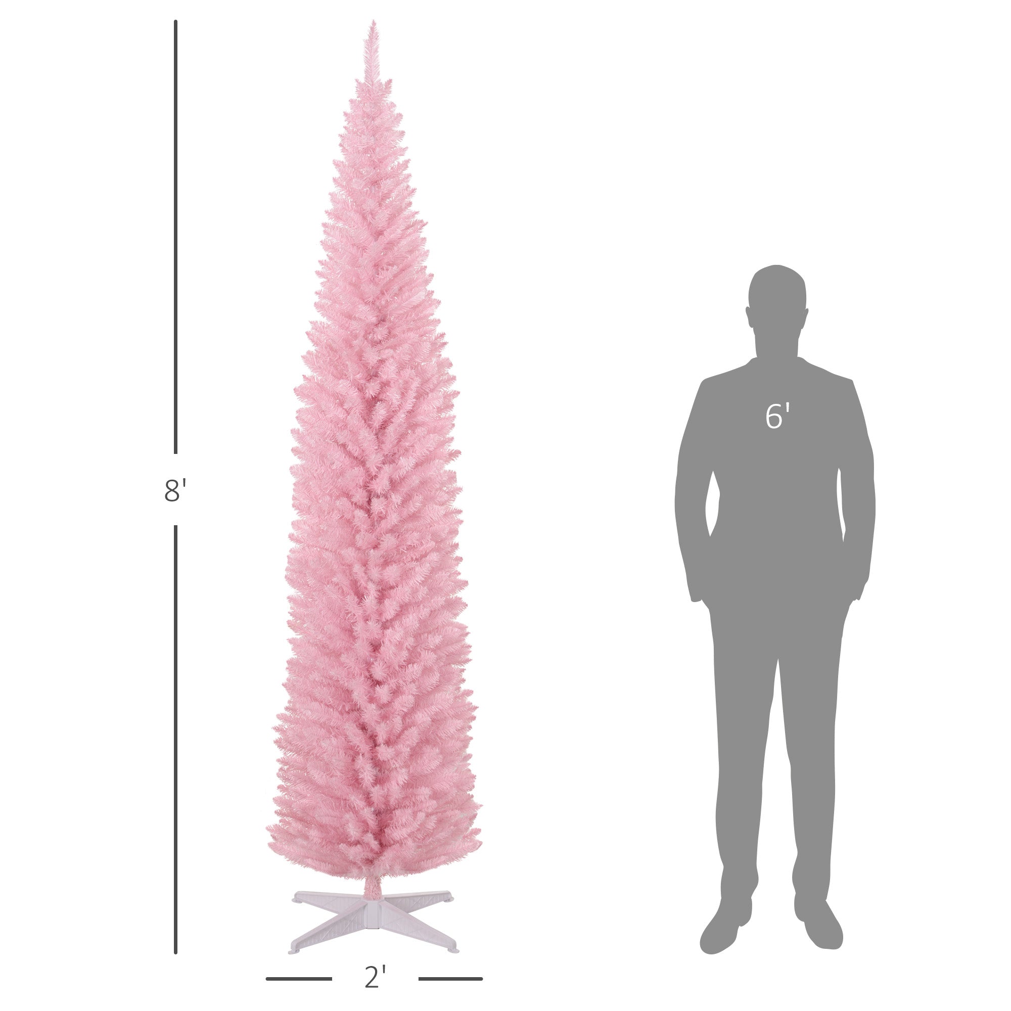 8ft Unlit Pencil Artificial Christmas Tree with Realistic Branches and 618 Tips Plastic Base Pink