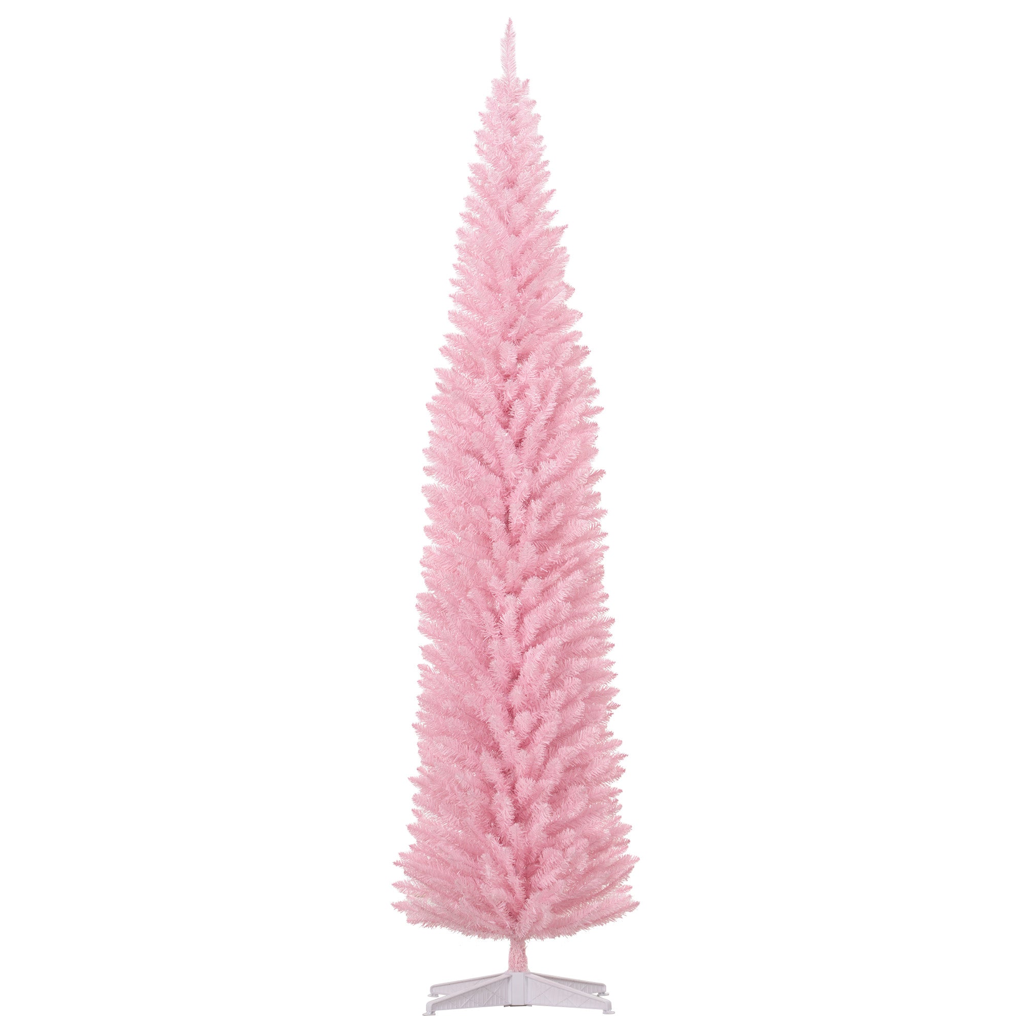 8ft Unlit Pencil Artificial Christmas Tree with Realistic Branches and 618 Tips Plastic Base Pink