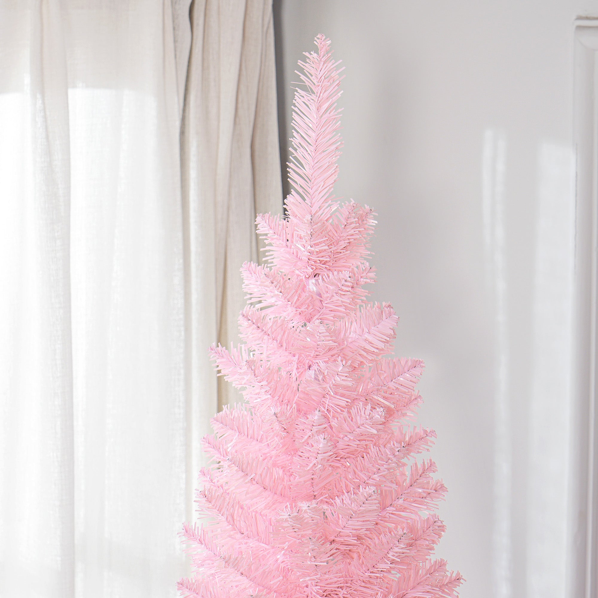 8ft Unlit Pencil Artificial Christmas Tree with Realistic Branches and 618 Tips Plastic Base Pink