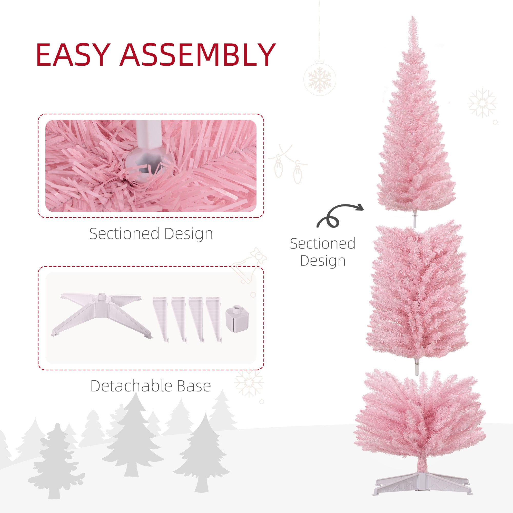 8ft Unlit Pencil Artificial Christmas Tree with Realistic Branches and 618 Tips Plastic Base Pink