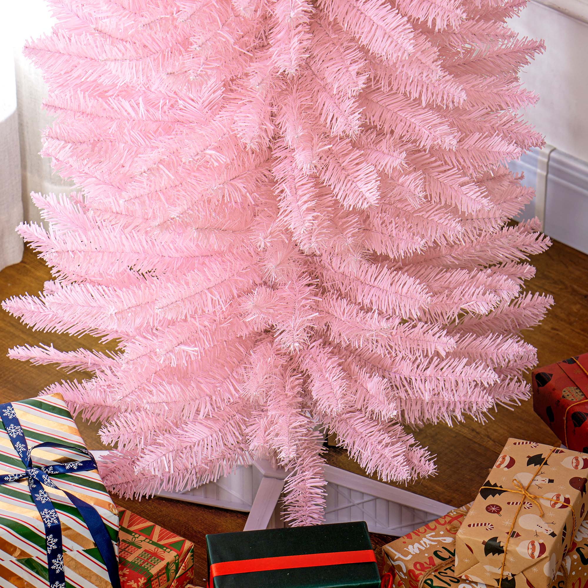 8ft Unlit Pencil Artificial Christmas Tree with Realistic Branches and 618 Tips Plastic Base Pink