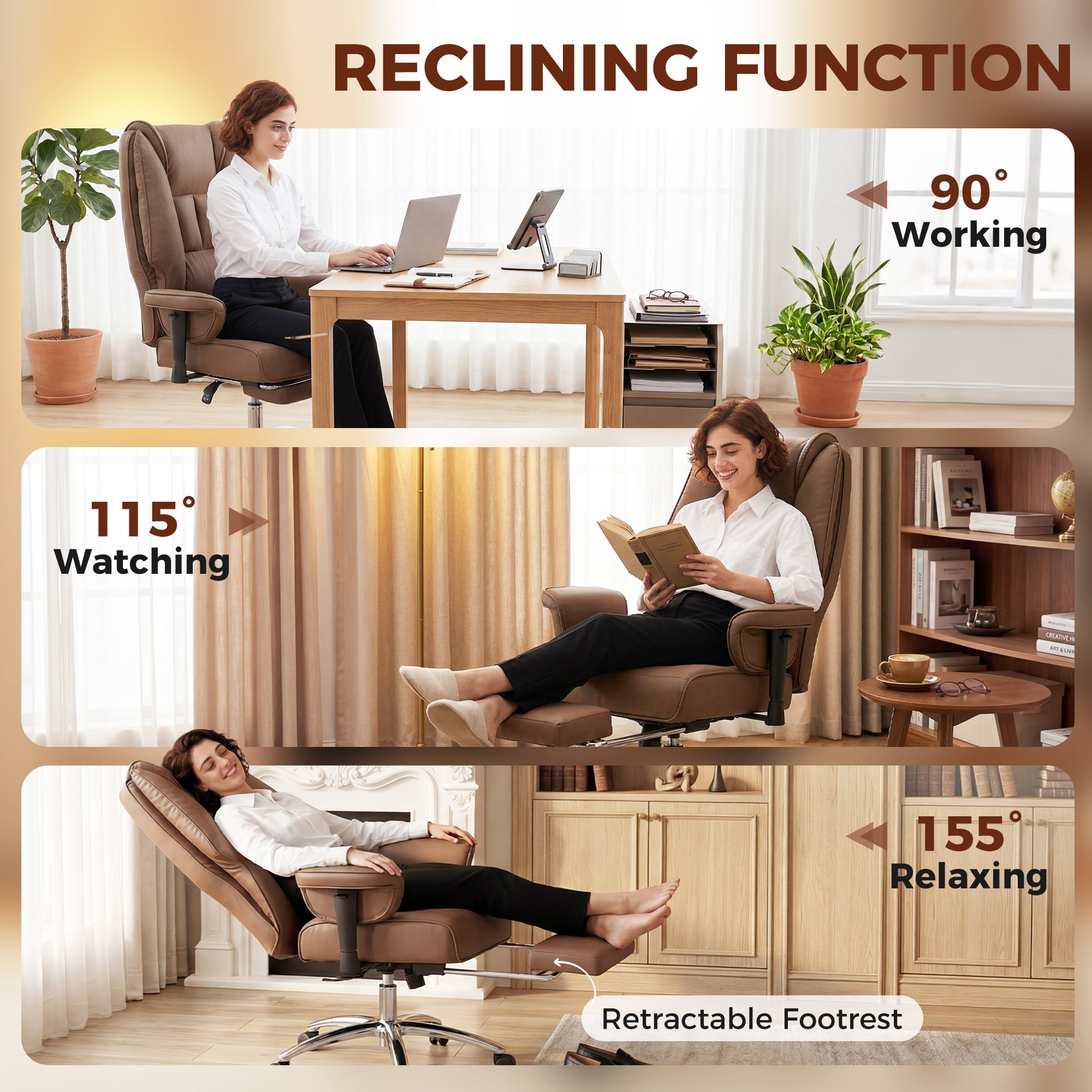 Ergonomic Executive Office Chair with Foot Rest, Reclining Swivel Computer Desk Chair with Adjustable Armrests, Spring Seat, High Back, Thick Cushion, Pet Friendly Faux Leather, Brown