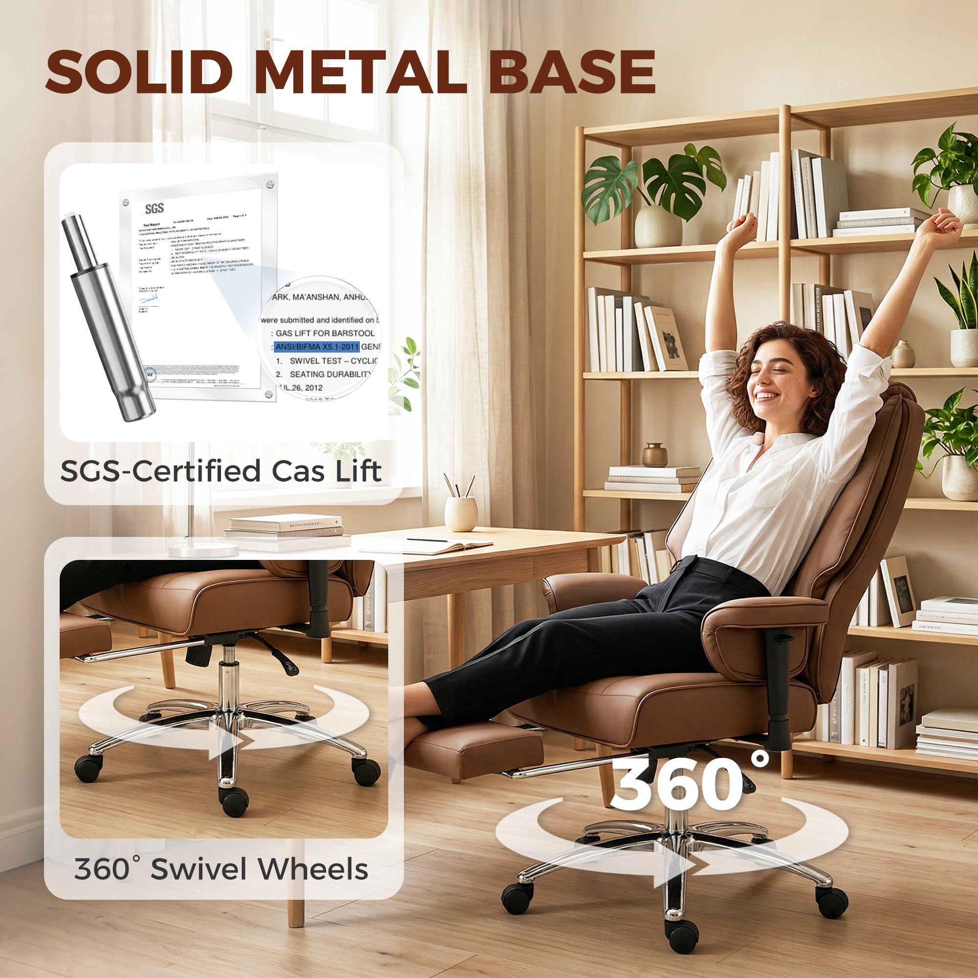 Ergonomic Executive Office Chair with Foot Rest, Reclining Swivel Computer Desk Chair with Adjustable Armrests, Spring Seat, High Back, Thick Cushion, Pet Friendly Faux Leather, Brown