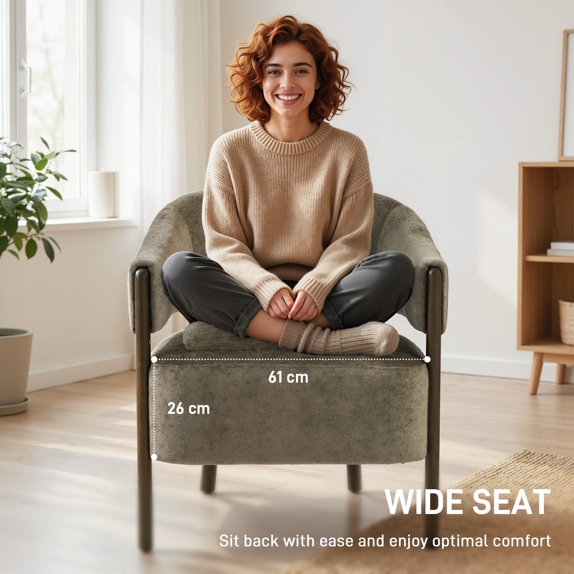 Accent Chair, Chenille Upholstered Tub Chair with Solid Wood Frame and Legs, Comfy Armchair for Living Room, Bedroom, Light Brown