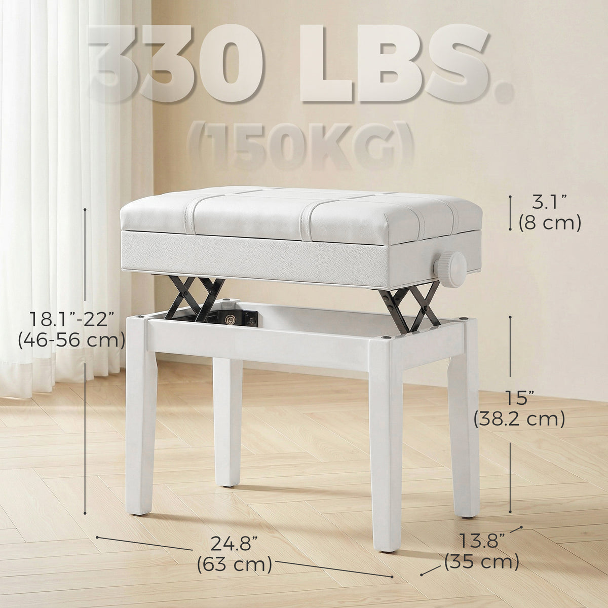 24.8" Adjustable Piano Bench with Padded Cushion and Storage, Faux Leather Keyboard Bench with Solid Wood Legs, White