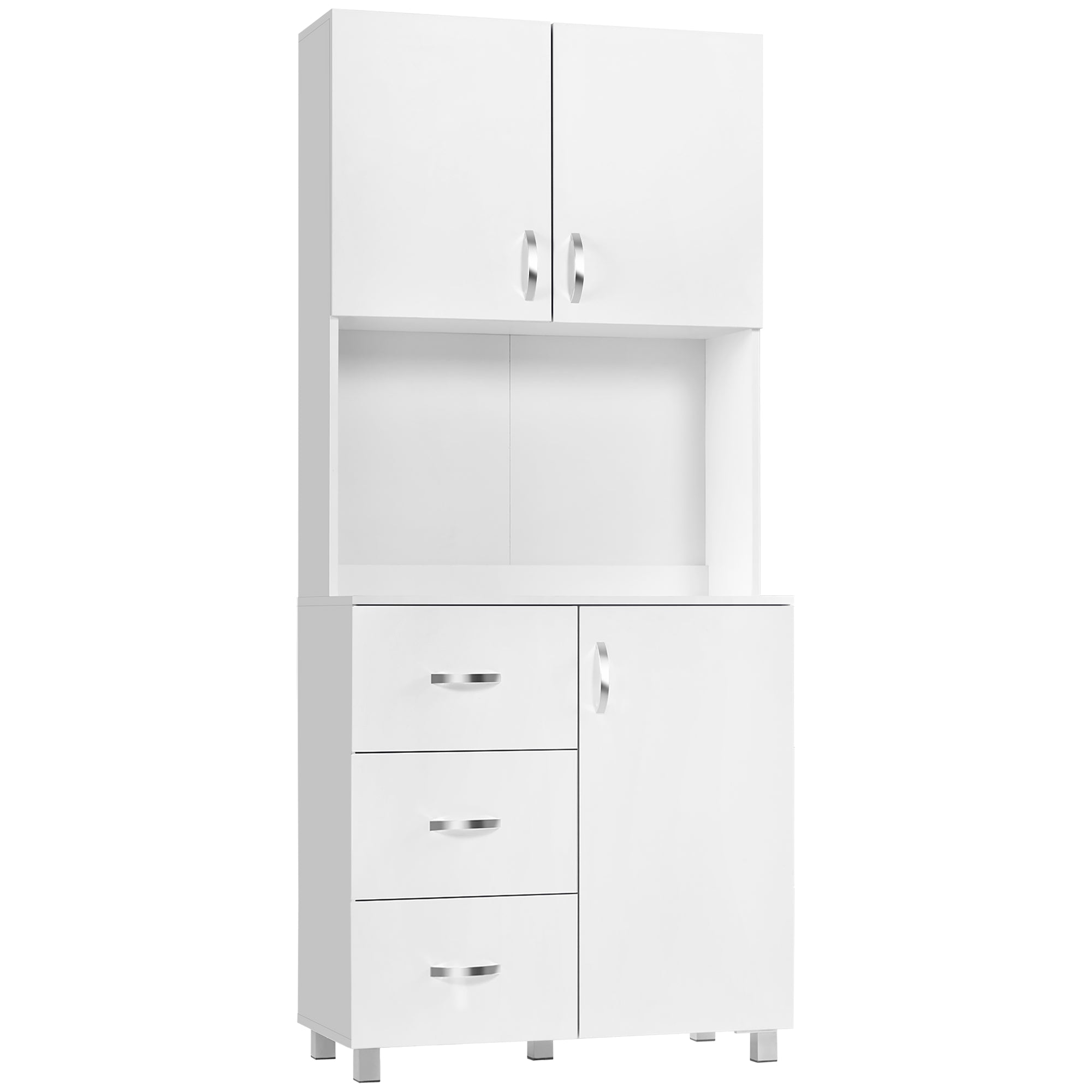 183.5cm Free standing Kitchen Cupboard, Storage Cabinet with Doors and Sheleves, 3 drawers and Open Space, Adjustable Height Storage Unit, White