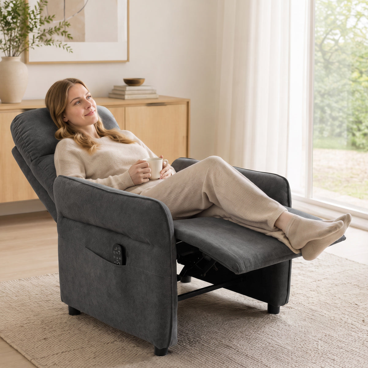Recliner Armchair, Push Back Recliner Chair with Massage & Heat, Adjustable Armrests, Terry Cloth Manual Reclining Single Sofa with Footrest, Dual Side Pockets for Home Living Room, Dark Grey