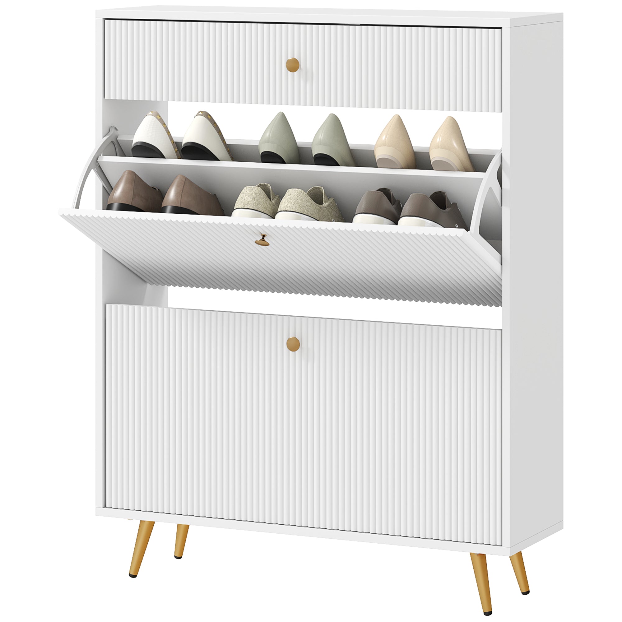 HOMCOM Narrow Shoe Cabinet for Entryway, Modern Shoe Storage Cabinet with Wave-like Panels, 2 Flip Drawers and Adjustable Shelves for 12 Pairs of Shoes, White