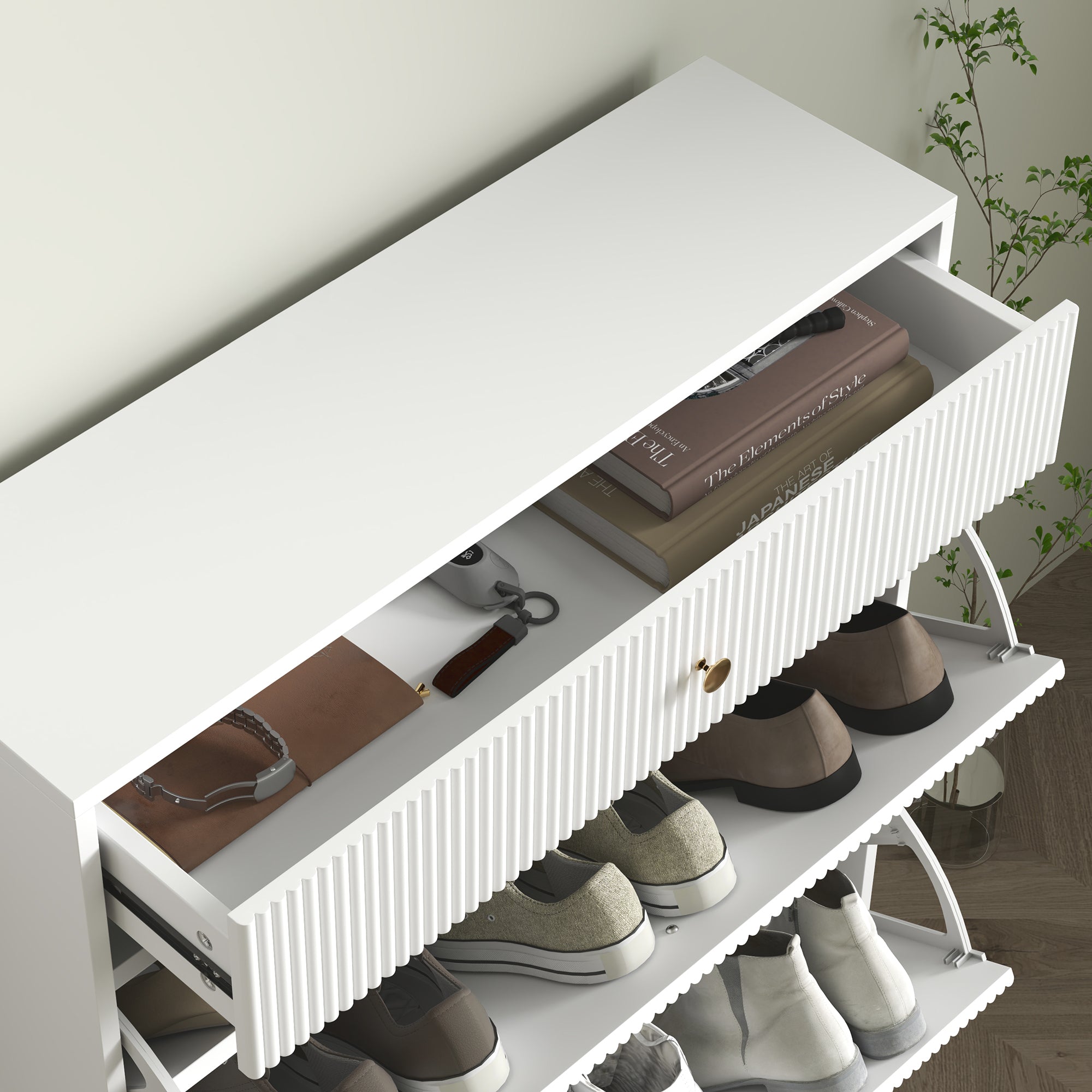 HOMCOM Narrow Shoe Cabinet for Entryway, Modern Shoe Storage Cabinet with Wave-like Panels, 2 Flip Drawers and Adjustable Shelves for 12 Pairs of Shoes, White