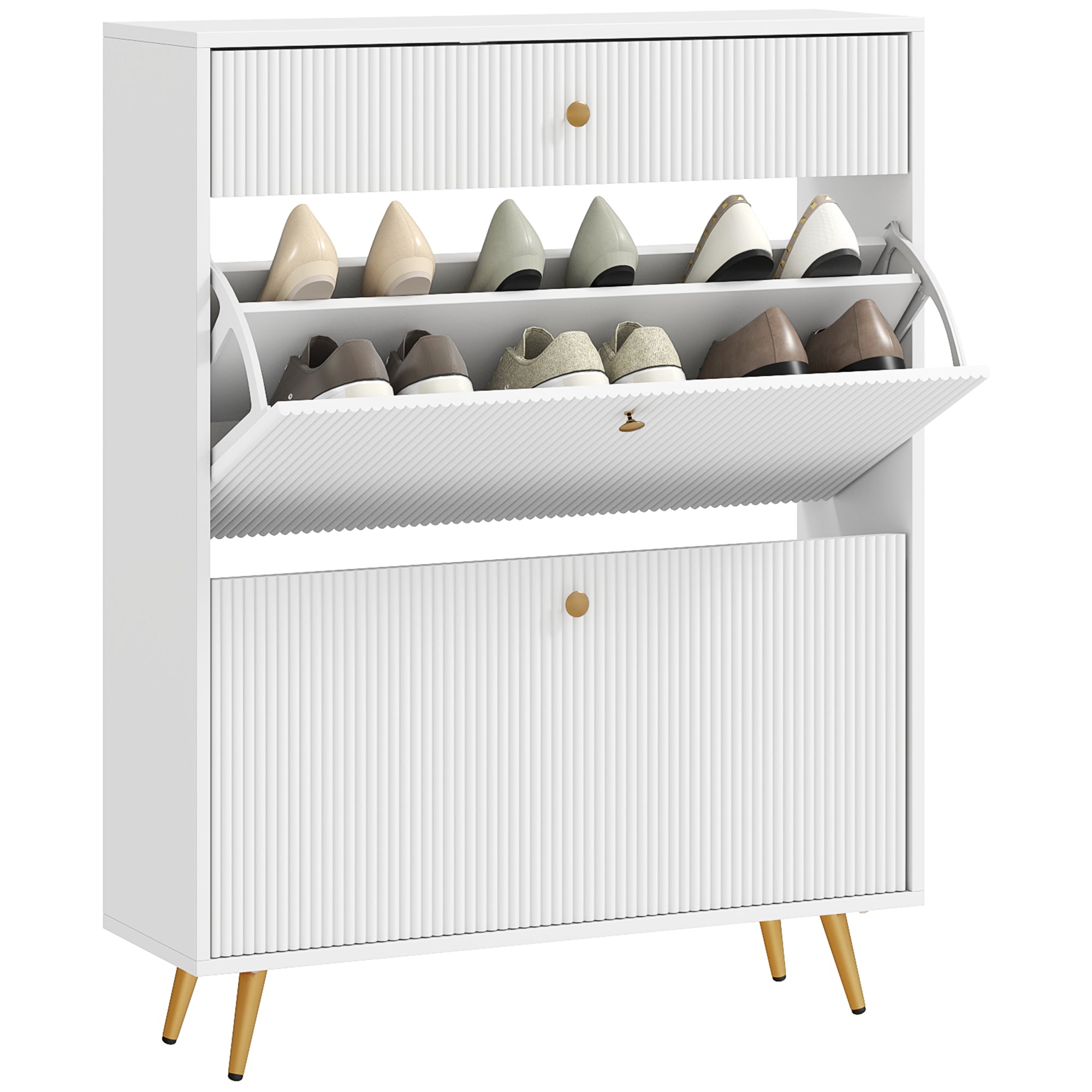 HOMCOM Narrow Shoe Cabinet for Entryway, Modern Shoe Storage Cabinet with Wave-like Panels, 2 Flip Drawers and Adjustable Shelves for 12 Pairs of Shoes, White