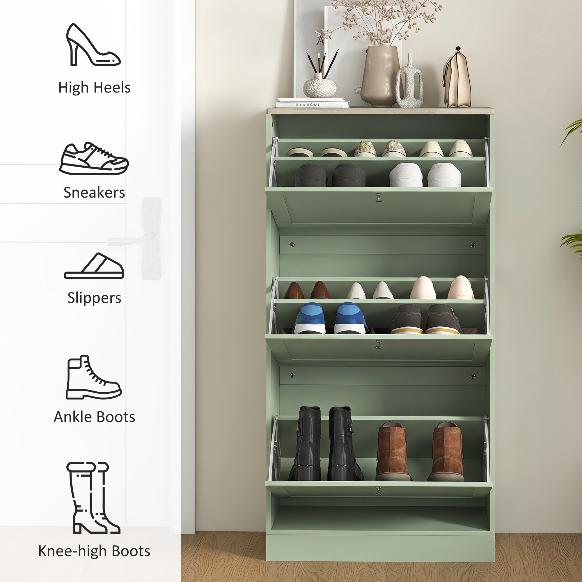 Modern Shoe Storage Cabinet with 3 Flip Drawers, Wooden Freestanding Shoe Cabinet with Adjustable Shelves, 12-18 Pairs, for Entryway, Hallway, Green