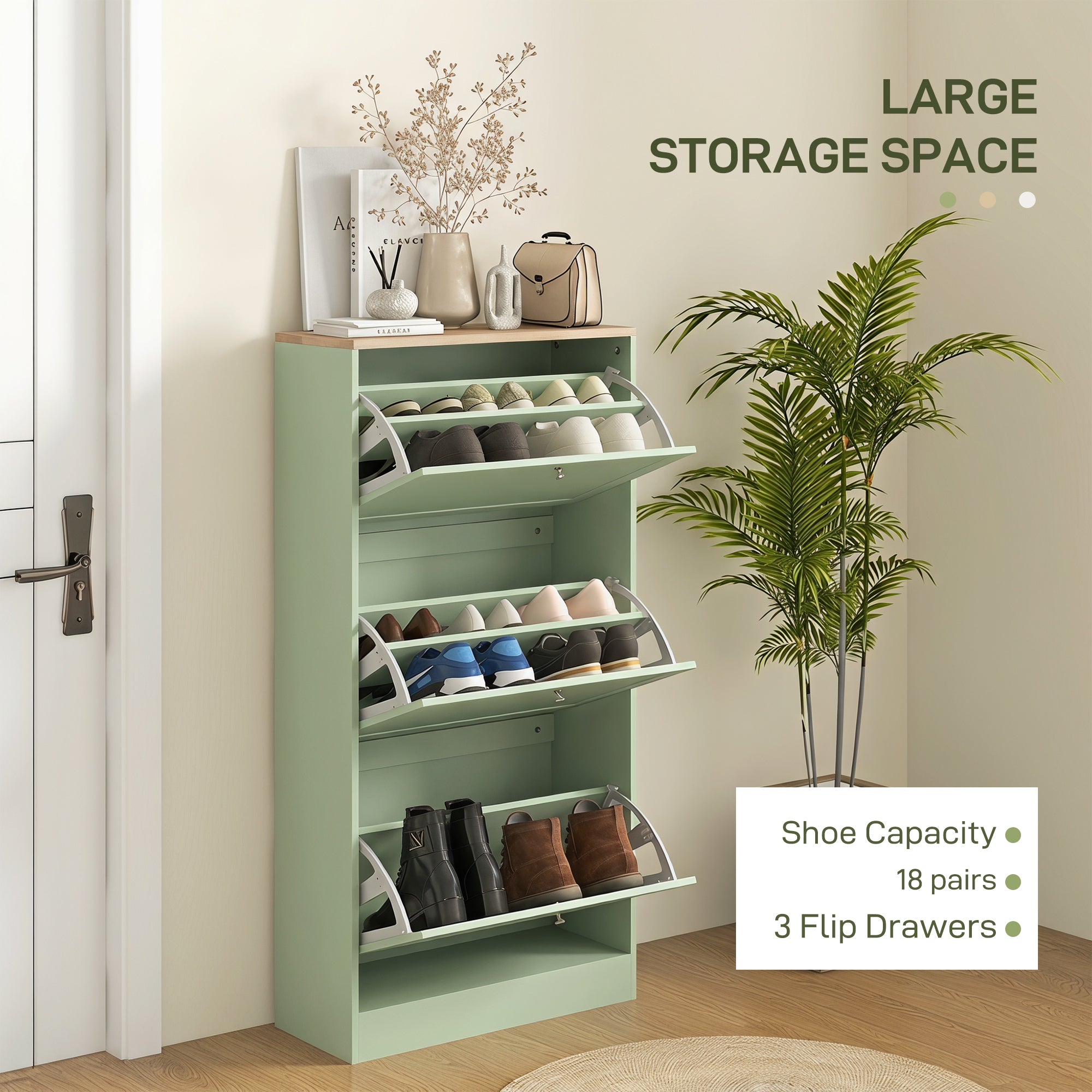 Modern Shoe Storage Cabinet with 3 Flip Drawers, Wooden Freestanding Shoe Cabinet with Adjustable Shelves, 12-18 Pairs, for Entryway, Hallway, Green