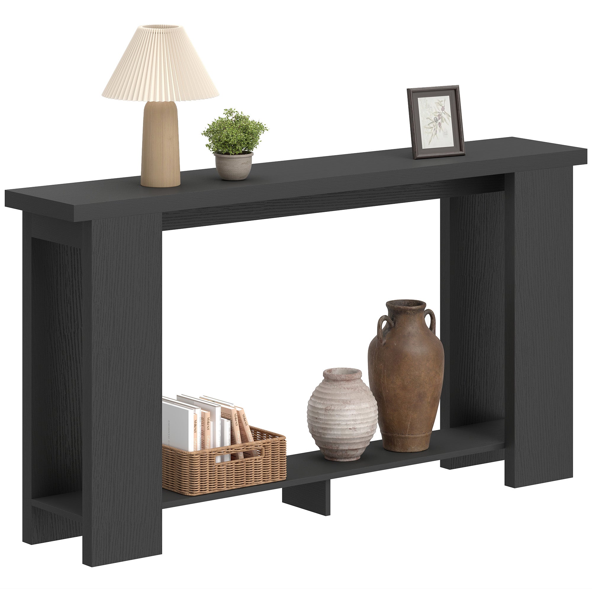 Farmhouse Console Table, 63" Narrow Entryway Table with Storage Shelf and Thickened Tabletop for Living Room, Hallway, Entrance, Distressed Black
