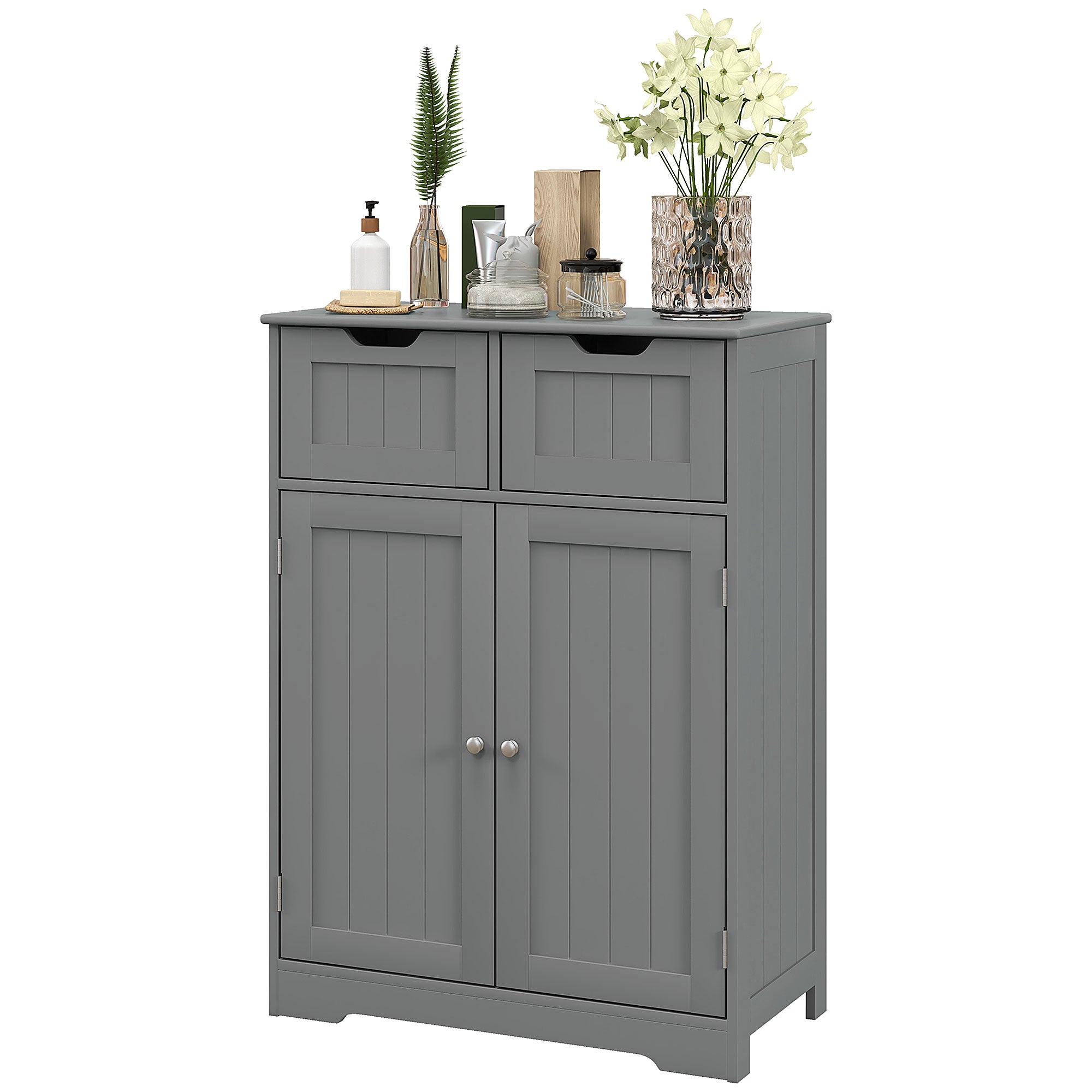 kleankin Freestanding Bathroom Storage Cabinet, Floor Cupboard with 2 Drawers, Adjustable Shelf, for Bathroom, Living Room or Entryway, Grey