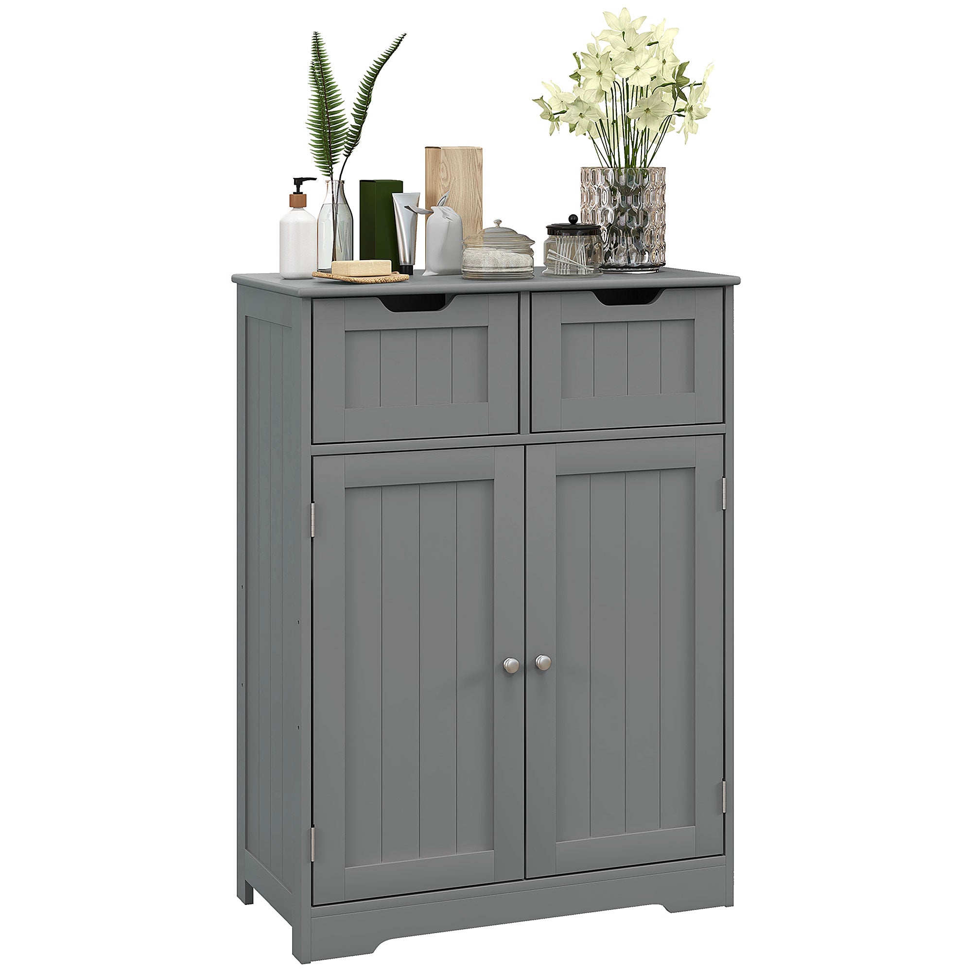 kleankin Freestanding Bathroom Storage Cabinet, Floor Cupboard with 2 Drawers, Adjustable Shelf, for Bathroom, Living Room or Entryway, Grey