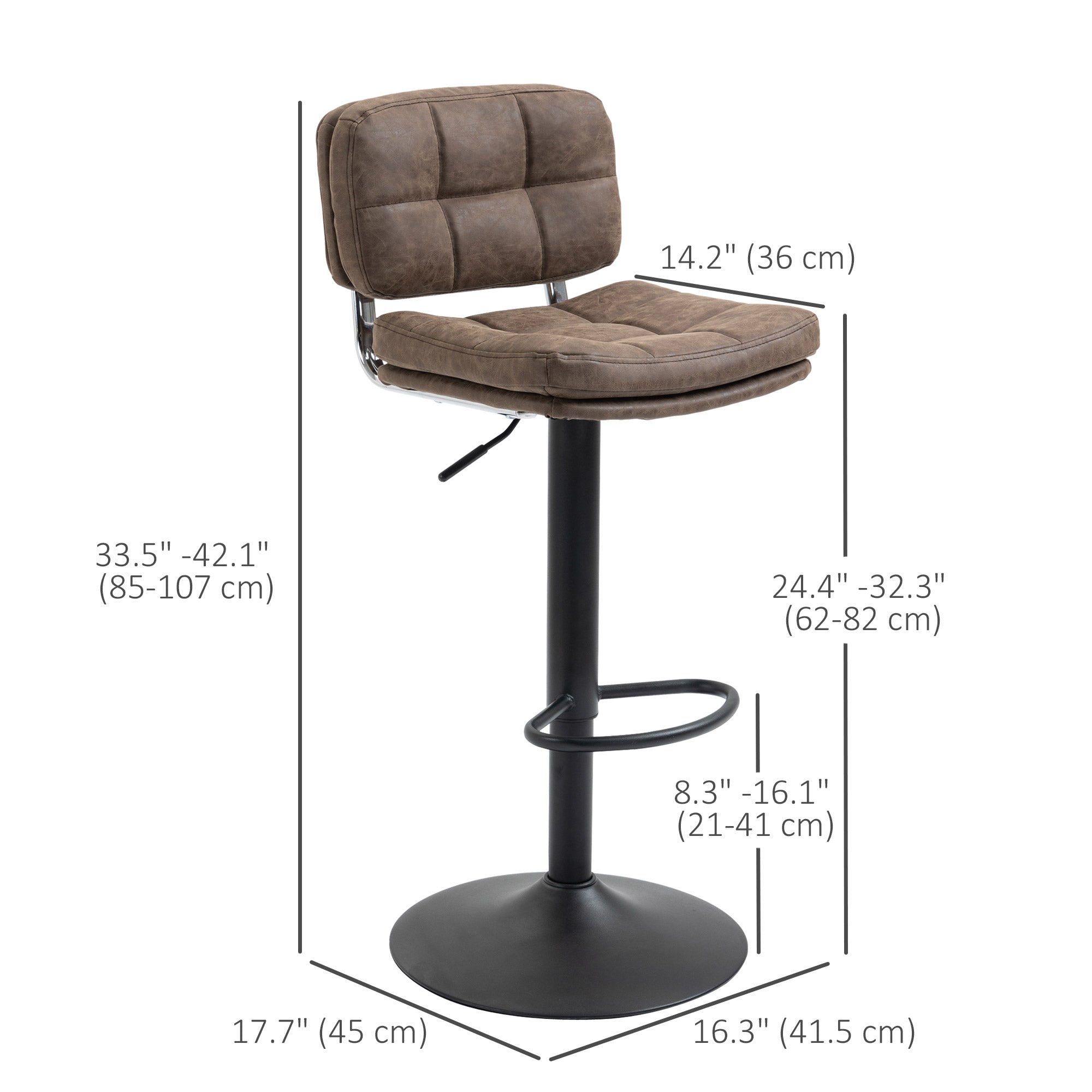Bar Stools Set of 2, Swivel Counter Height Barstools with Adjustable Height, Back and Footrest, PU Leather Upholstered Bar Chairs for Home Kitchen Island, Brown and Black