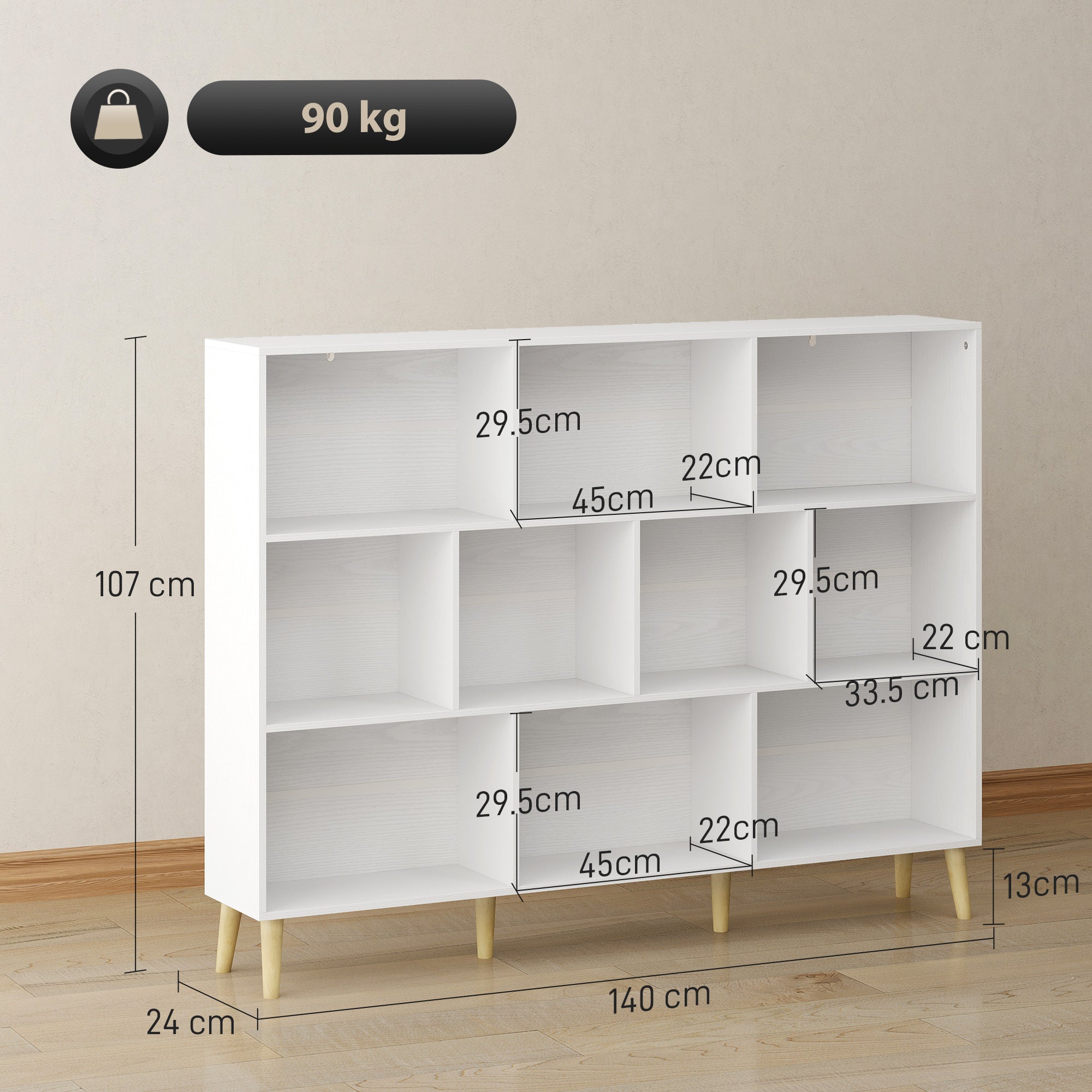 10-Cube Bookshelf, 3-Tier Bookcase with Solid Wood Legs, 140 cm Modern Freestanding Book Shelf with Anti-Tip Kit for Bedroom Living Room Study Office, White Wood Effect