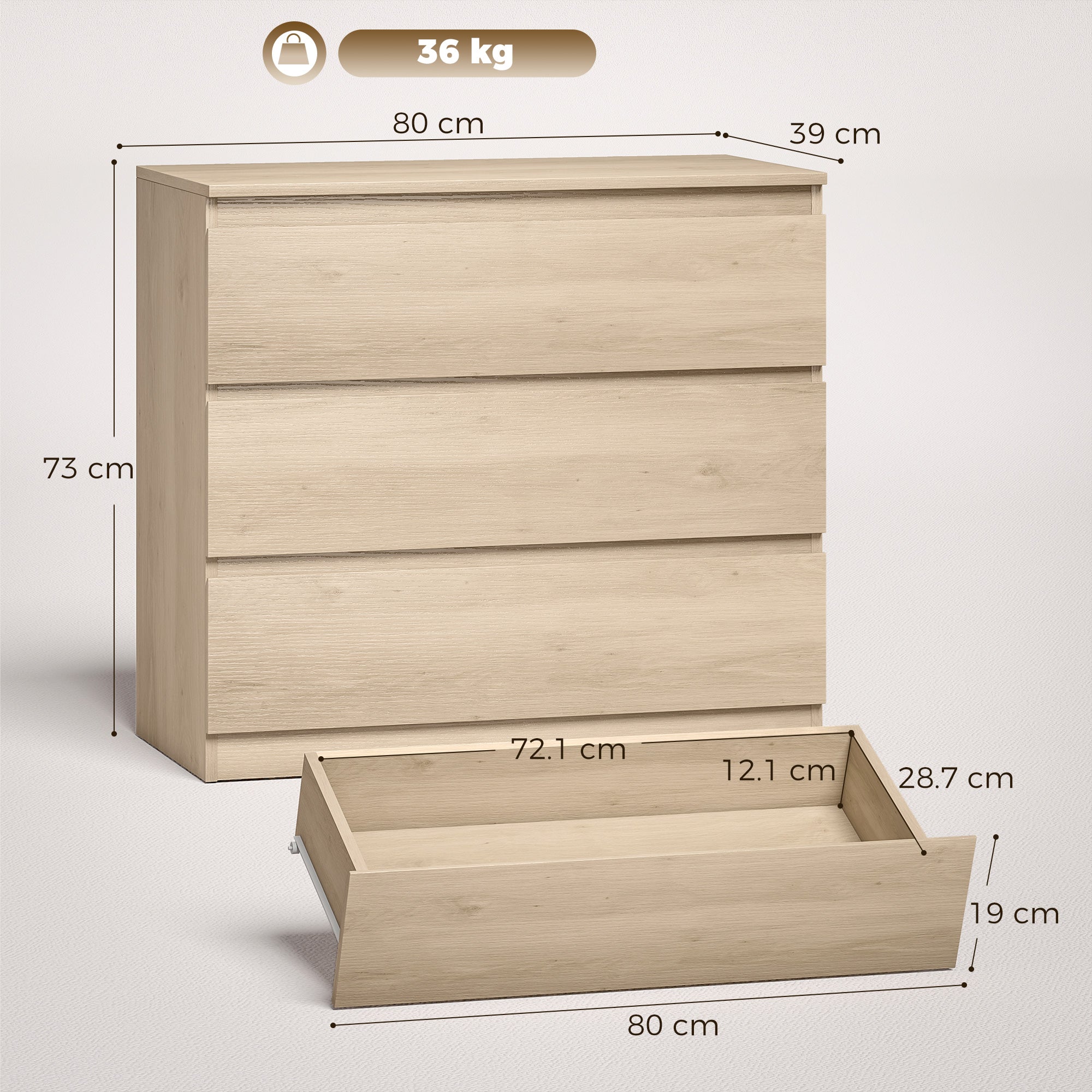 Chest of Drawers, 3-Drawer Storage Organiser Unit for Bedroom, Living Room, 80 x 39 x 73cm, Oak