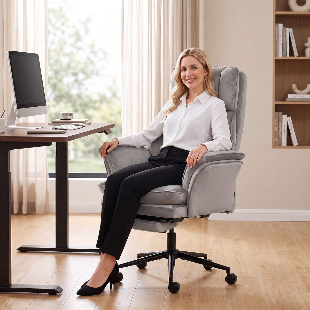 Cross Legged Office Chair with Footrest, 396 lbs Reclining Computer Desk Chair with High Back, Flip-up Armrests, Adjustable Height, Thick Cushion, Rocking Function, Grey