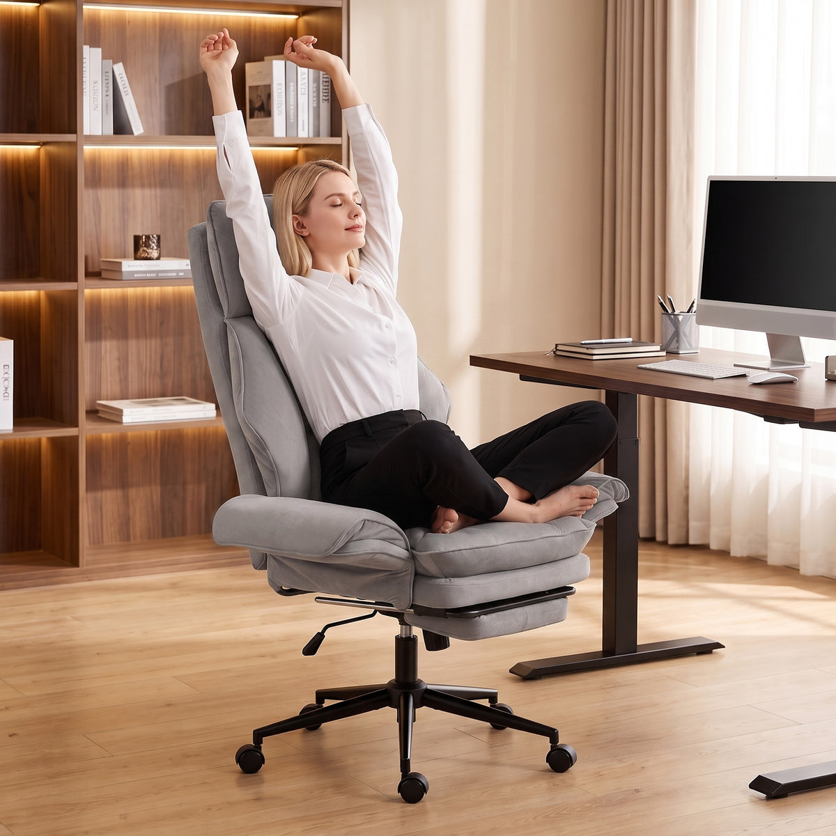 Cross Legged Office Chair with Footrest, 396 lbs Reclining Computer Desk Chair with High Back, Flip-up Armrests, Adjustable Height, Thick Cushion, Rocking Function, Grey