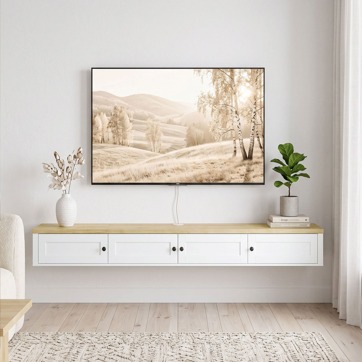 Floating TV Stand for TVs up to 72 Inch, Modern Wall Mounted Media Console with Power Outlets, Entertainment Center with Storage Shelves for Living Room, Bedroom, White