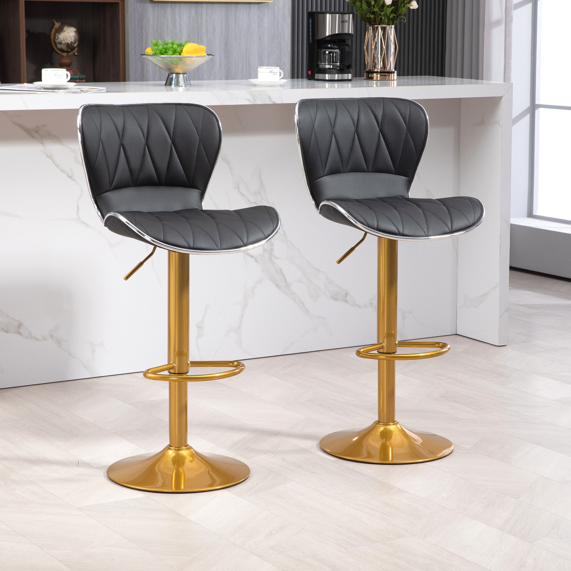 HOMCOM Bar Stools Set of 2, Luxurious Swivel Counter Stools with Adjustable Height, PU Leather Upholstered Counter Height Kitchen Stools with Back, Footrest, Gold Base, Black