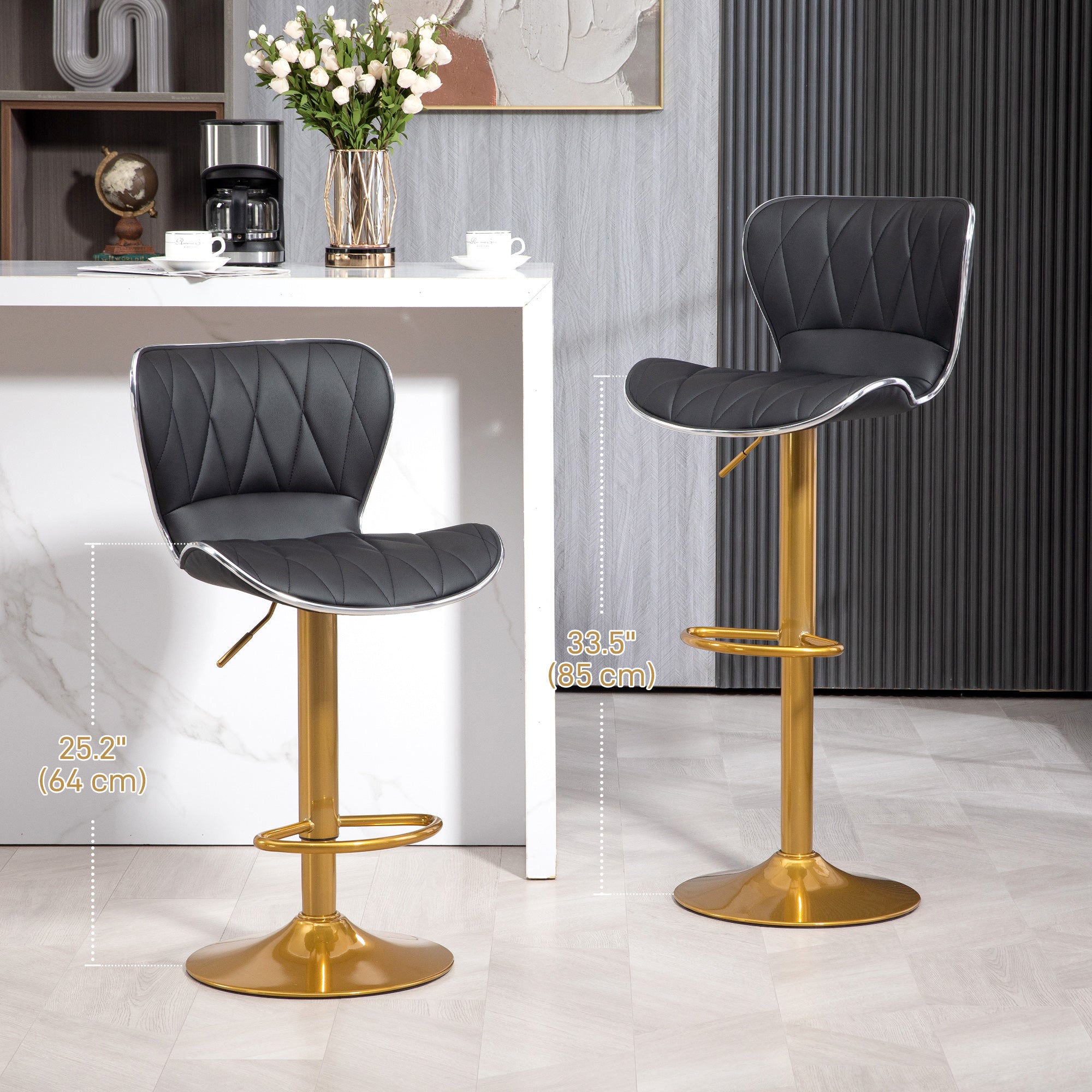 HOMCOM Bar Stools Set of 2, Luxurious Swivel Counter Stools with Adjustable Height, PU Leather Upholstered Counter Height Kitchen Stools with Back, Footrest, Gold Base, Black