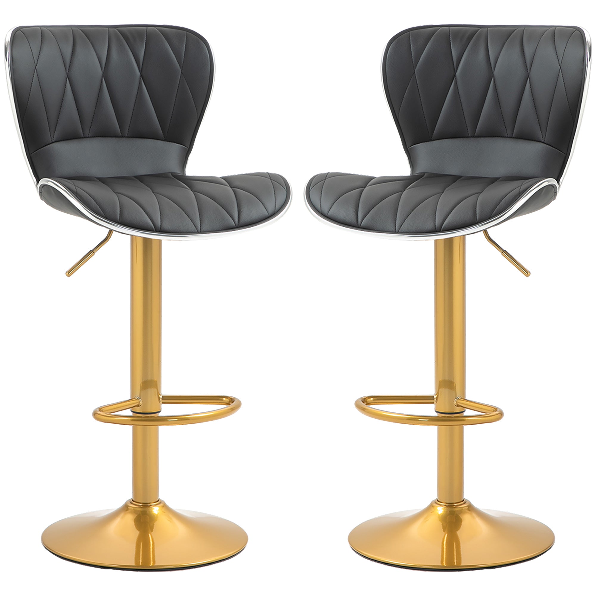 HOMCOM Bar Stools Set of 2, Luxurious Swivel Counter Stools with Adjustable Height, PU Leather Upholstered Counter Height Kitchen Stools with Back, Footrest, Gold Base, Black