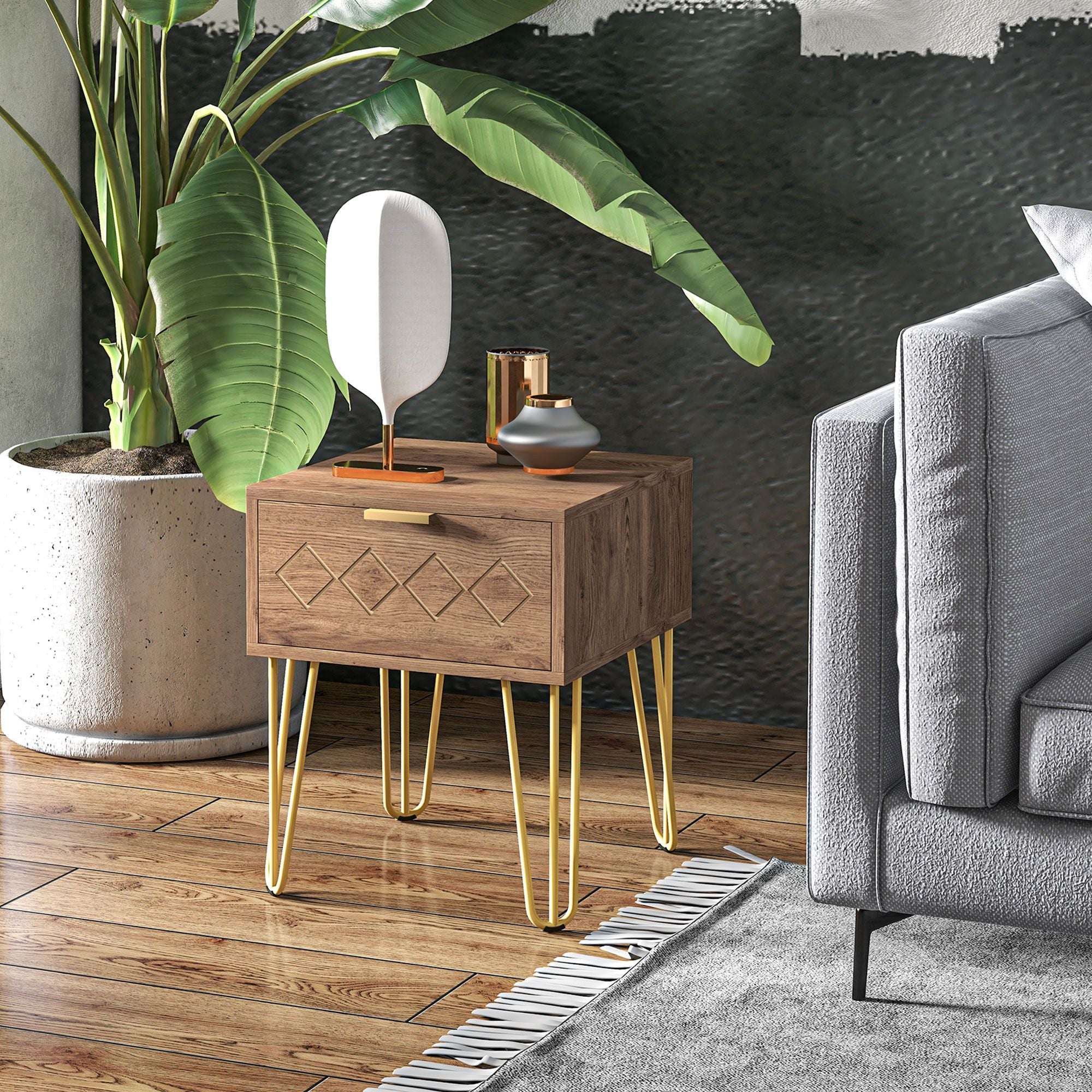 HOMCOM Bedside Table with Drawer, Wooden Nightstand, Modern Sofa Side Table with Gold Tone Metal Legs and Handles for Living Room, Bedroom, Easy Assembly, 40x41x 49cm, Brown