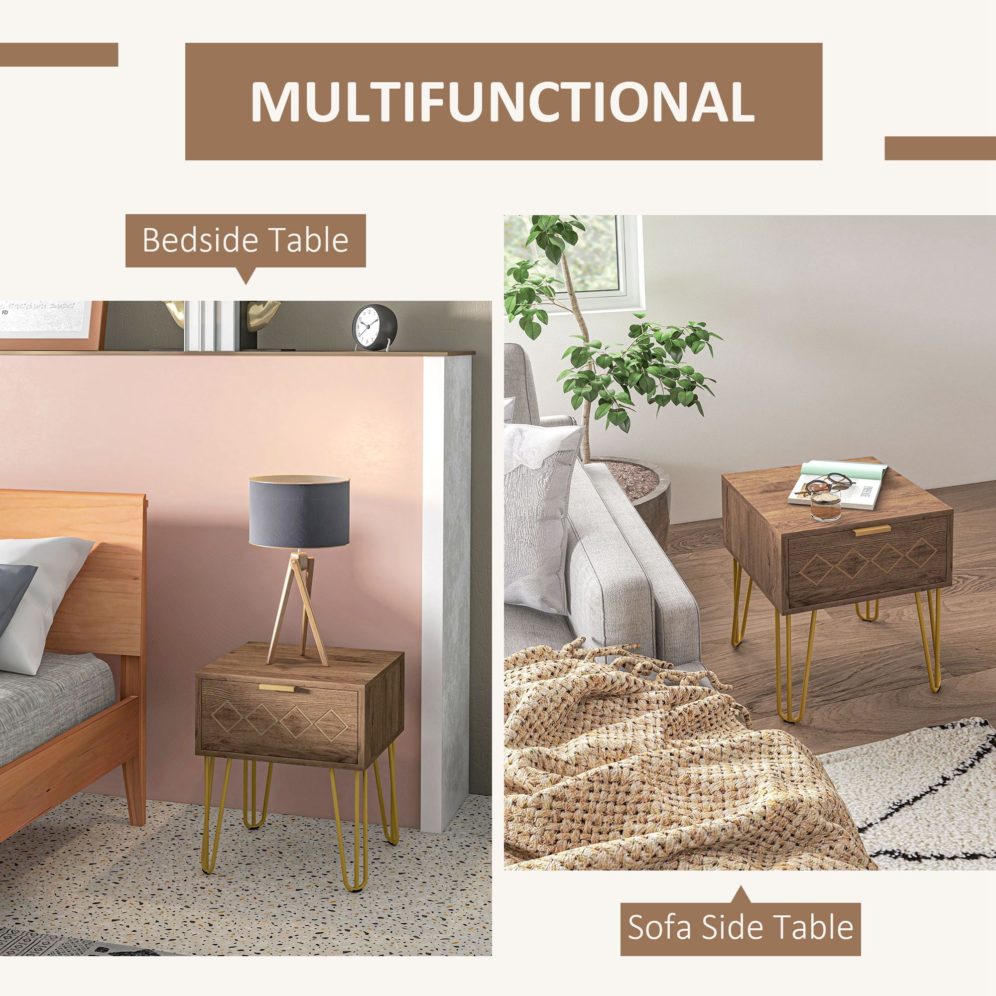 HOMCOM Bedside Table with Drawer, Wooden Nightstand, Modern Sofa Side Table with Gold Tone Metal Legs and Handles for Living Room, Bedroom, Easy Assembly, 40x41x 49cm, Brown