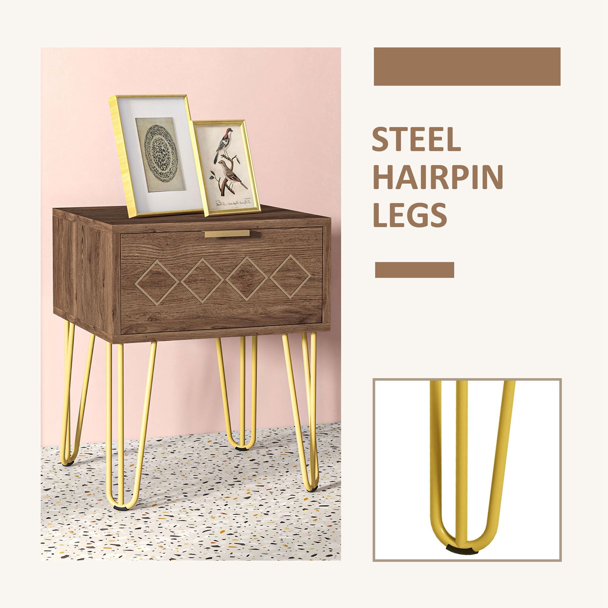HOMCOM Bedside Table with Drawer, Wooden Nightstand, Modern Sofa Side Table with Gold Tone Metal Legs and Handles for Living Room, Bedroom, Easy Assembly, 40x41x 49cm, Brown