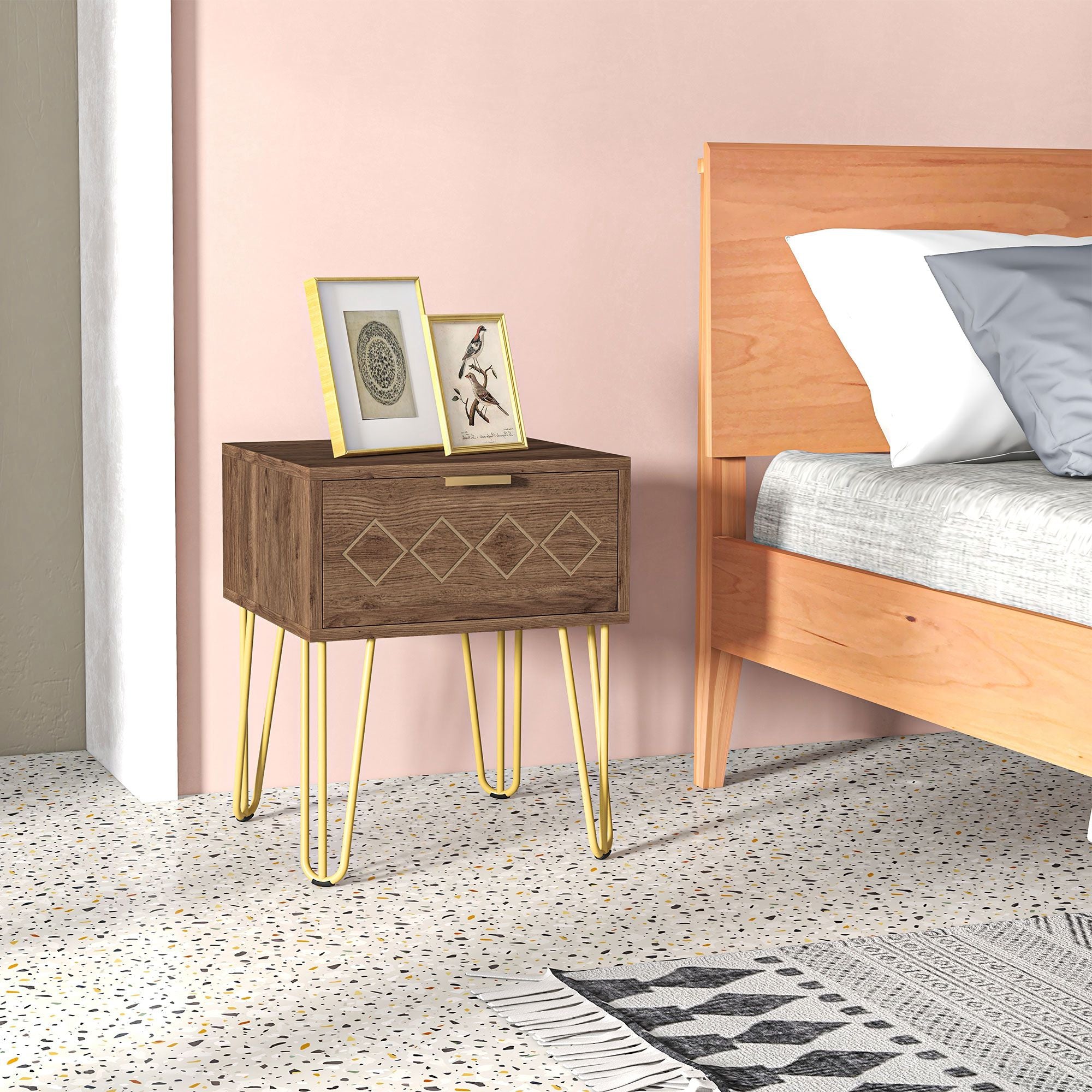 HOMCOM Bedside Table with Drawer, Wooden Nightstand, Modern Sofa Side Table with Gold Tone Metal Legs and Handles for Living Room, Bedroom, Easy Assembly, 40x41x 49cm, Brown